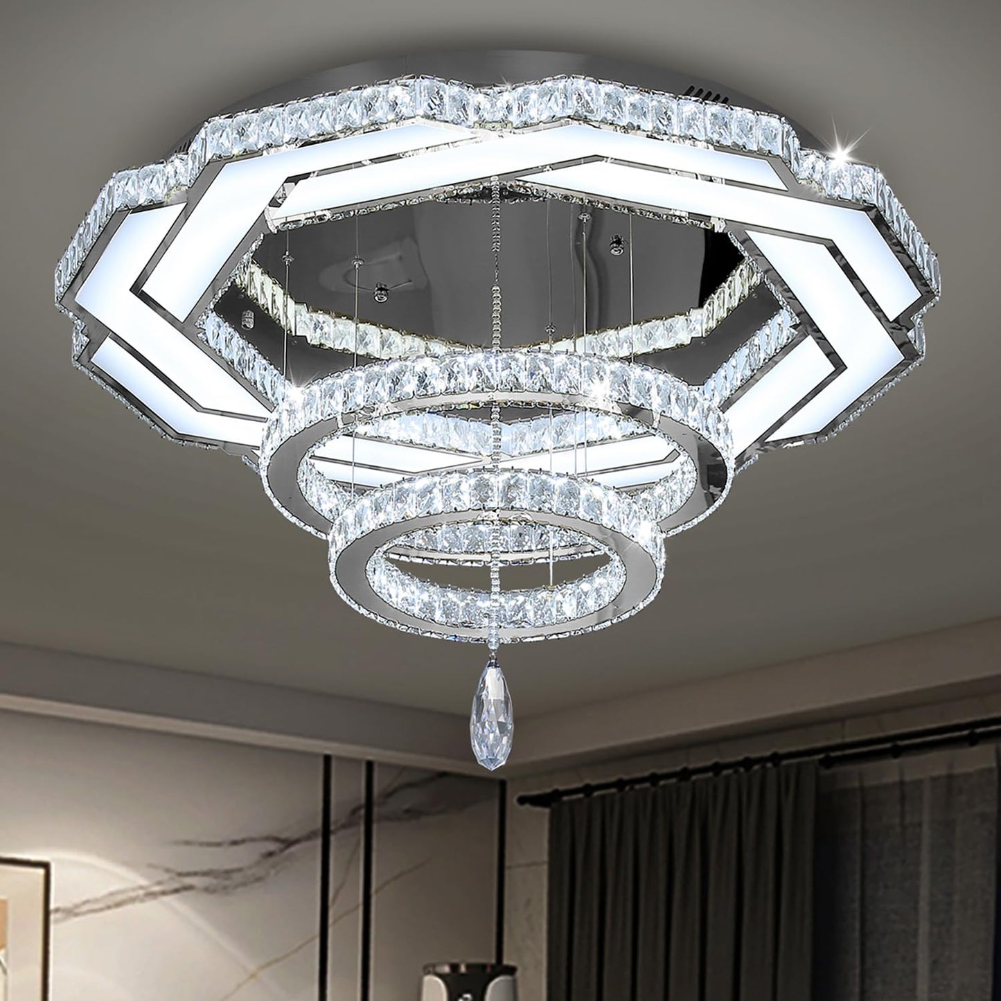 Flashing God Crystal Chandeliers Dia 32" Silver Elegant Chandelier Flush Mount Ceiling Light for Bedroom Living Room Dining Room Hallway Dimmable 3 Rings LED Celing Lighting Fixtures