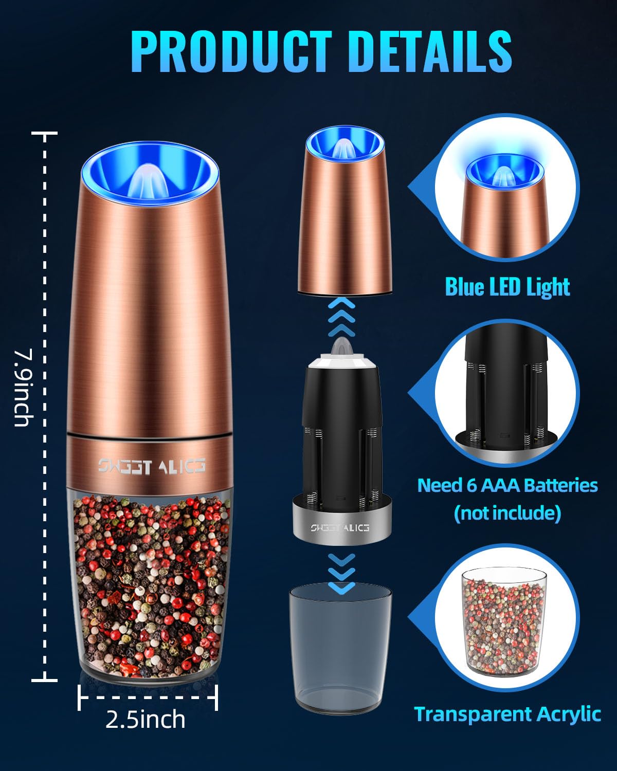 Gravity Electric Pepper and Salt Grinder Set, Salt and Pepper Mill & Adjustable Coarseness, Battery Powered with LED Light, One Hand Automatic Operation, Stainless Steel (Set/Silver)