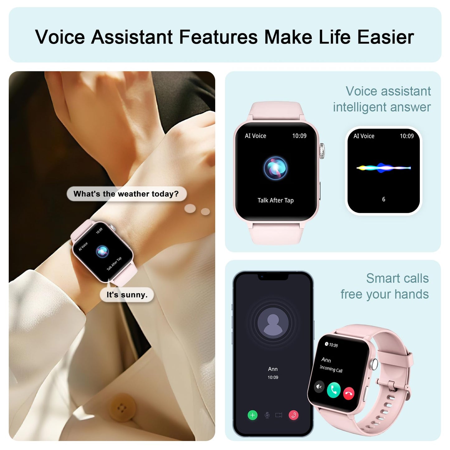 IOWODO Smart Watch for Men Women - 1.85''HD Screen with Make and Answer Calls, with AI Voice Assistant, SpO2/Heart Rate/Sleep Monitor, 100+ Sports Modes, Smartwatch for Android and iOS (2 Straps)