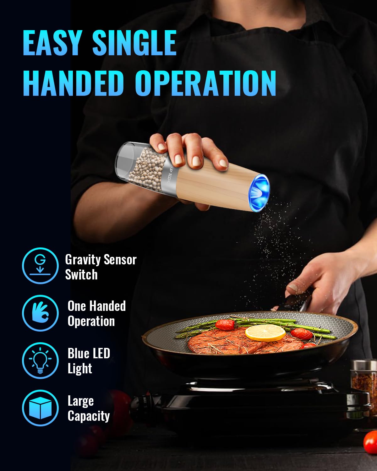 Gravity Electric Pepper and Salt Grinder Set, Salt and Pepper Mill & Adjustable Coarseness, Battery Powered with LED Light, One Hand Automatic Operation, Stainless Steel (Set/Silver)