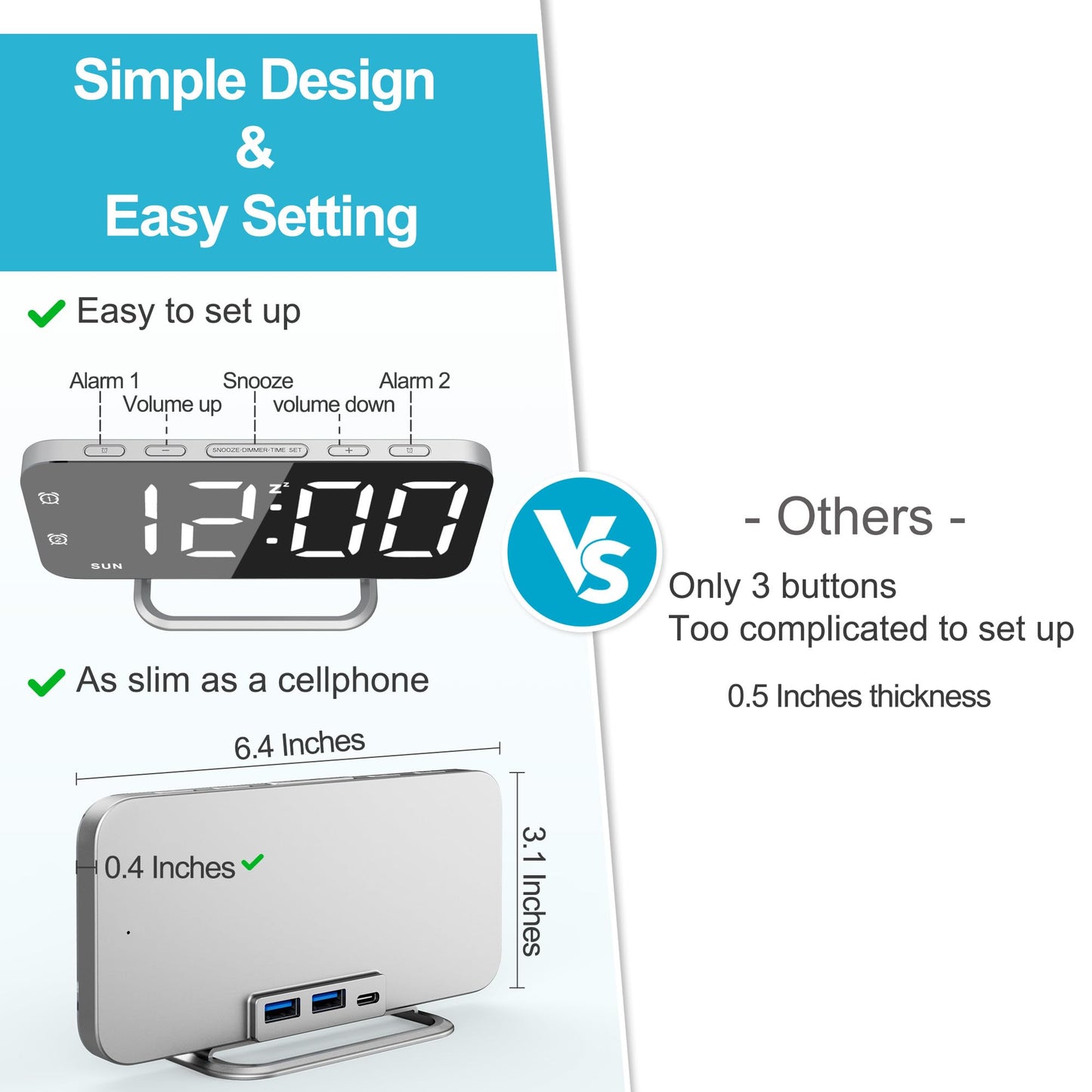 Slim LED Digital Alarm Clock, Mirror Surface for Makeup, with Diming, Large Display, Easy Setting, USB Ports, Modern Decor for Bedroom, Desk, Xmas, Birthday Gift for Women, Sister, Teen Girl, Silver