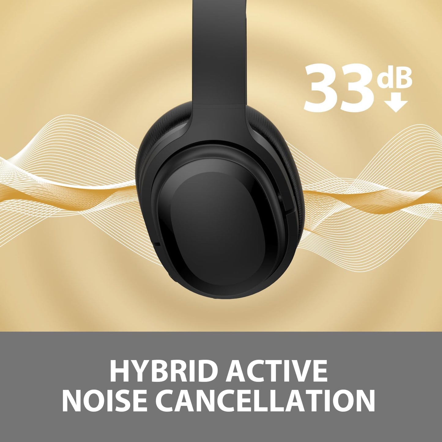 Hybrid Active Noise Cancelling Headphones, Wireless Over Ear Bluetooth Headphones, Hi-Fi Audio, Deep Bass, Comfort Fit Ear Cups, 30h Playtime for Home Office Travel, Matte Black