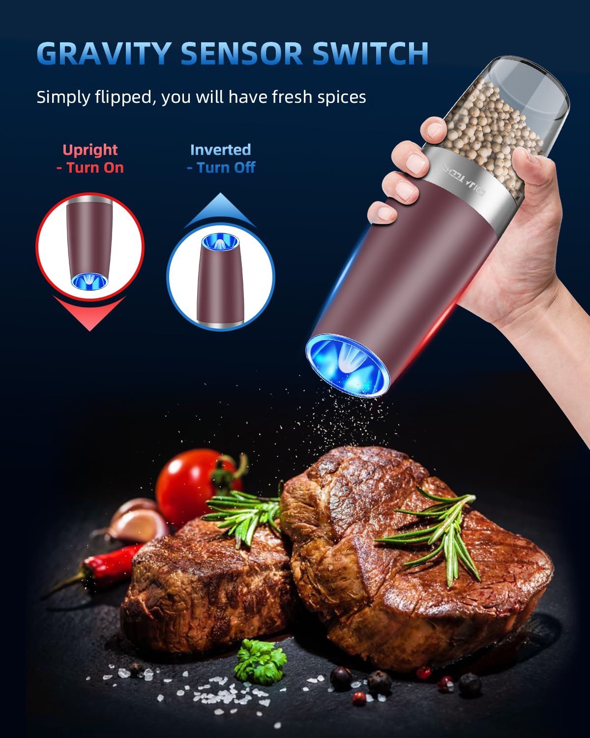 Gravity Electric Pepper and Salt Grinder Set, Salt and Pepper Mill & Adjustable Coarseness, Battery Powered with LED Light, One Hand Automatic Operation, Stainless Steel (Set/Silver)