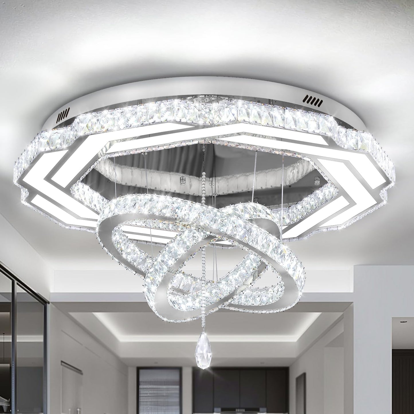Flashing God Crystal Chandeliers Dia 32" Silver Elegant Chandelier Flush Mount Ceiling Light for Bedroom Living Room Dining Room Hallway Dimmable 3 Rings LED Celing Lighting Fixtures