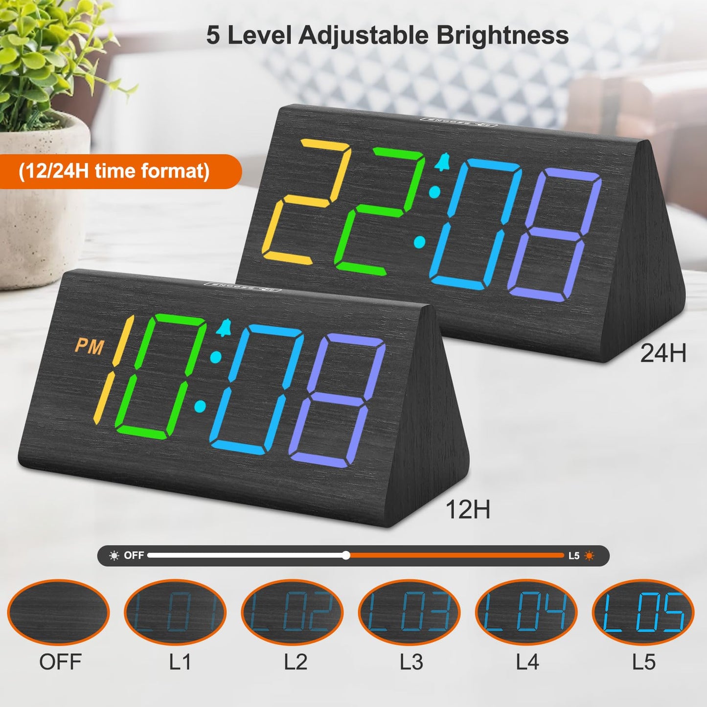 DreamSky Wooden Digital Alarm Clocks for Bedrooms - Electric Desk Clock with Large Numbers, USB Port, Loud Alarm for Heavy Sleepers, Adjustable Volume, Dimmer, Snooze, DST, 12/24H, Wood Décor (Brown)