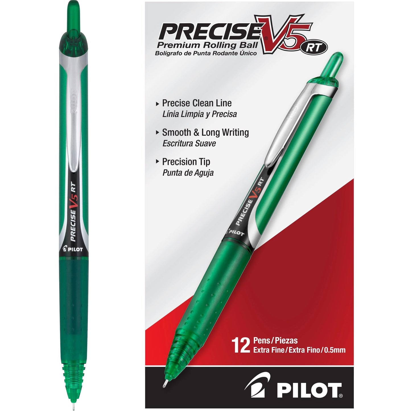 Pilot, Precise V5 RT Refillable & Retractable Rolling Ball Pens, Extra Fine Point 0.5 mm, Assorted Colors, Pack of 12