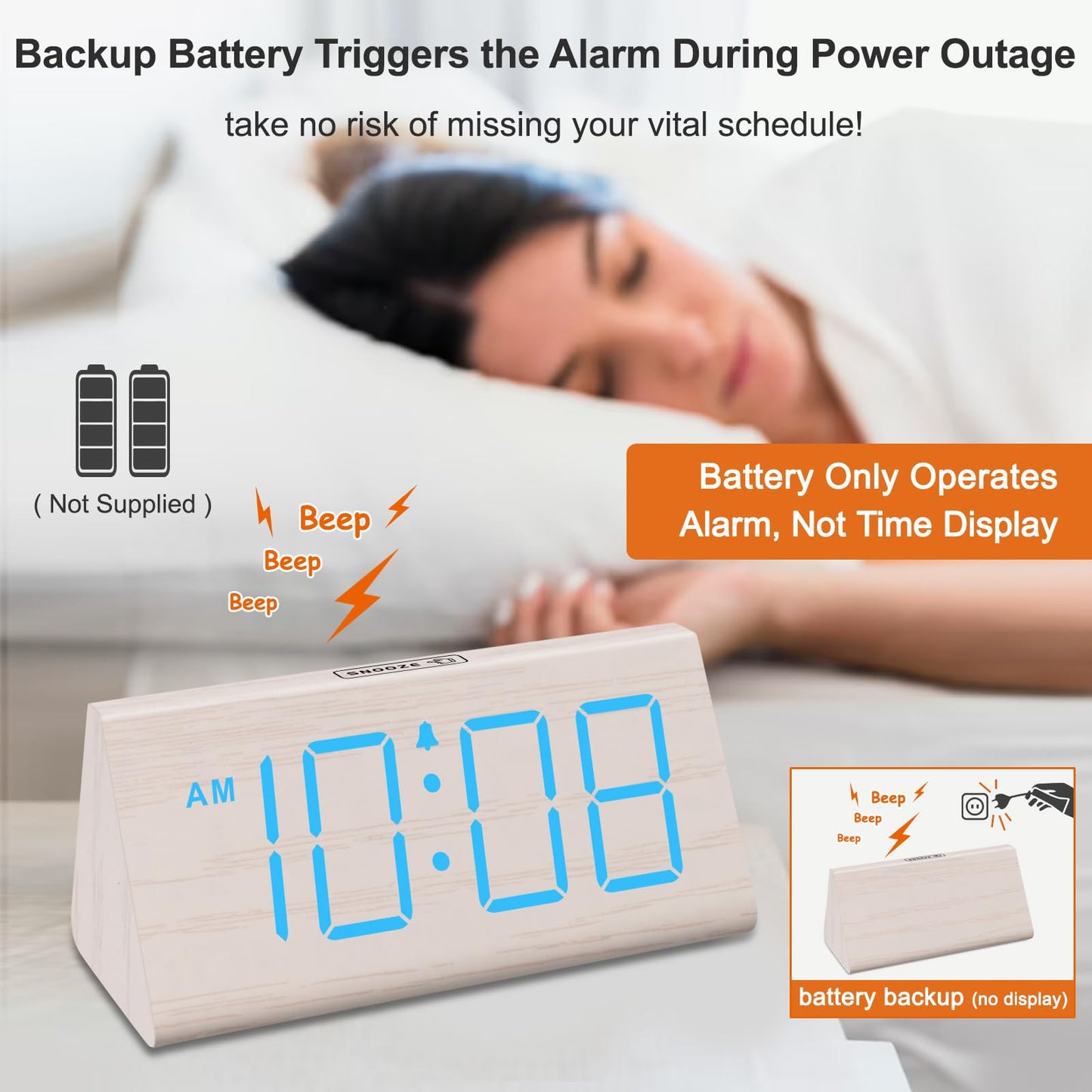 DreamSky Wooden Digital Alarm Clocks for Bedrooms - Electric Desk Clock with Large Numbers, USB Port, Loud Alarm for Heavy Sleepers, Adjustable Volume, Dimmer, Snooze, DST, 12/24H, Wood Décor (Brown)