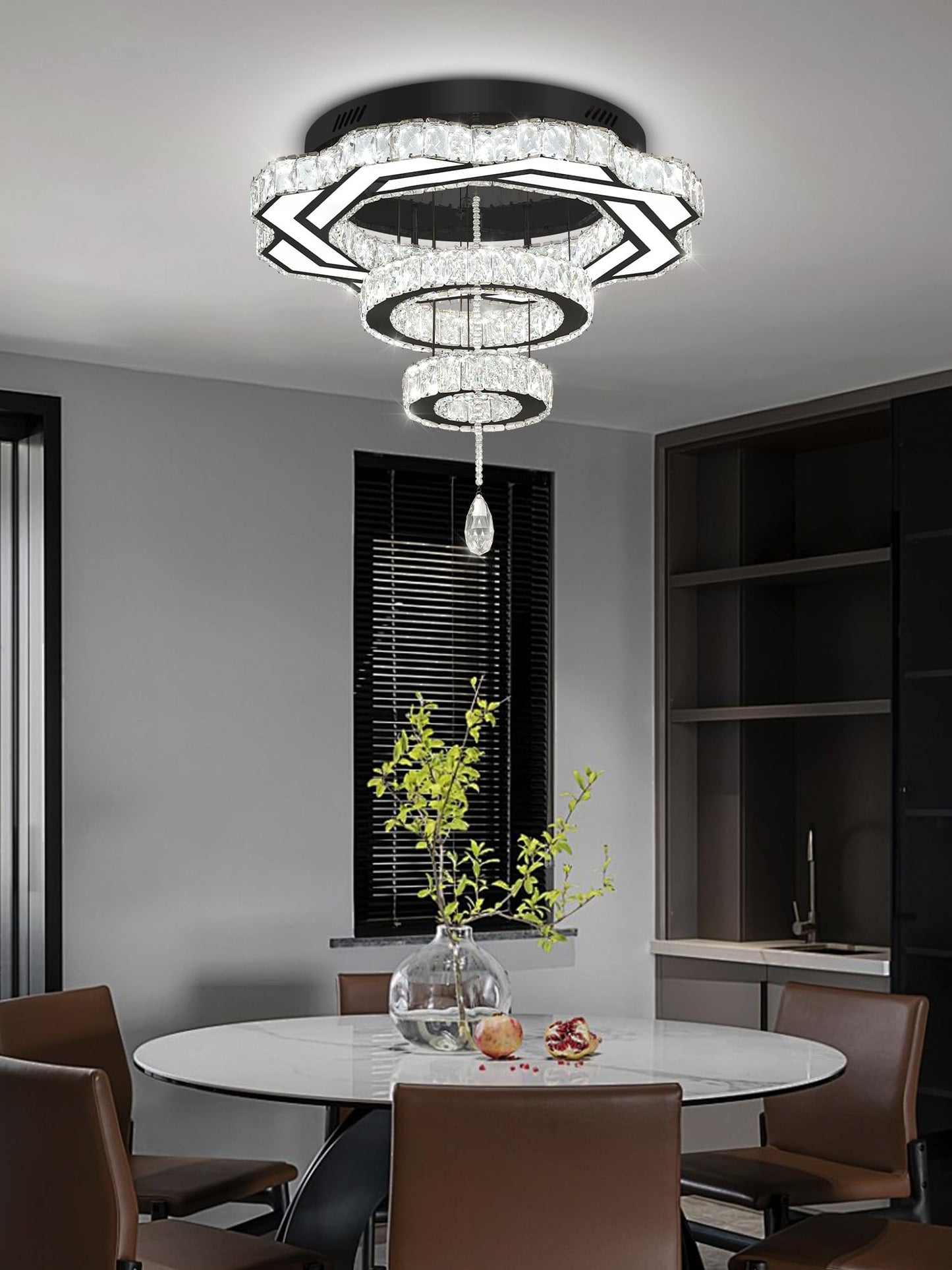 Flashing God Crystal Chandeliers Dia 32" Silver Elegant Chandelier Flush Mount Ceiling Light for Bedroom Living Room Dining Room Hallway Dimmable 3 Rings LED Celing Lighting Fixtures