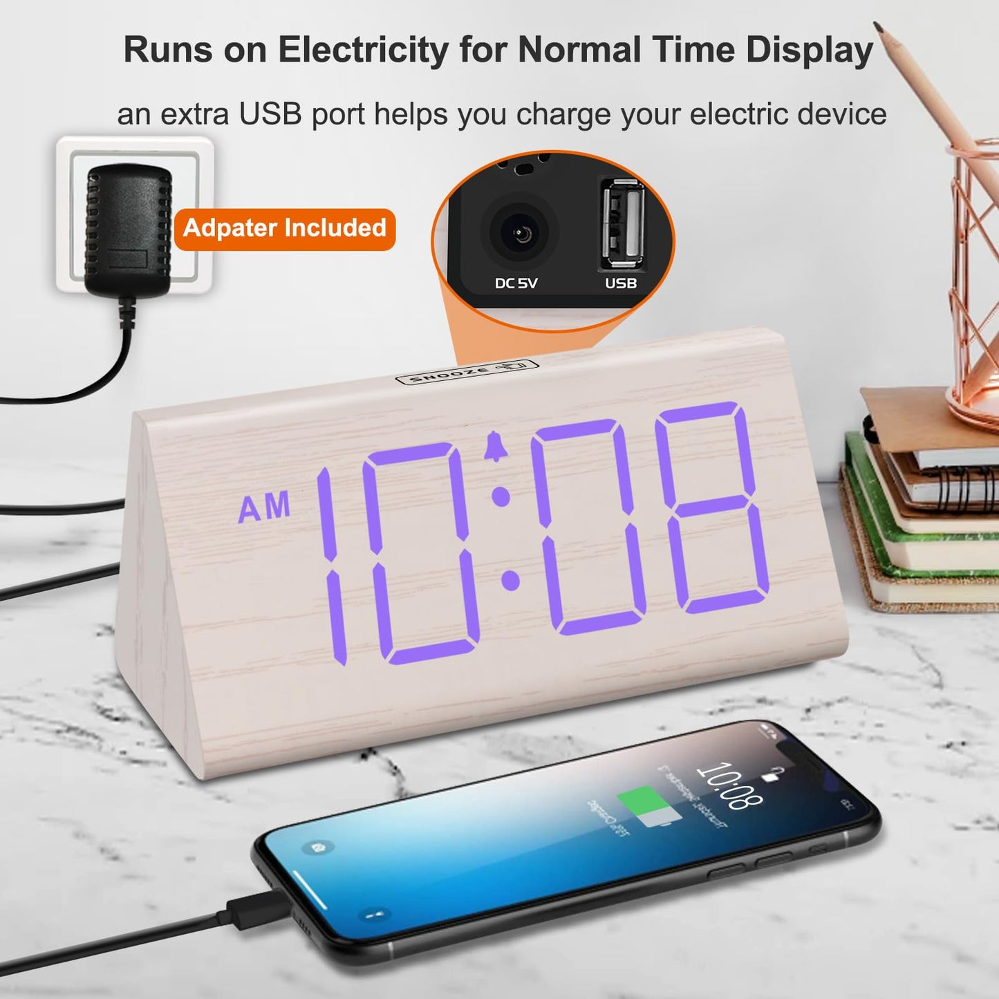 DreamSky Wooden Digital Alarm Clocks for Bedrooms - Electric Desk Clock with Large Numbers, USB Port, Loud Alarm for Heavy Sleepers, Adjustable Volume, Dimmer, Snooze, DST, 12/24H, Wood Décor (Brown)