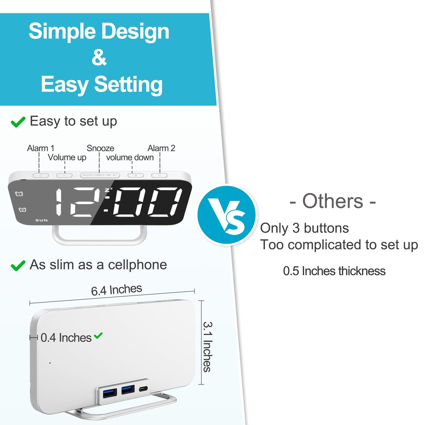 Slim LED Digital Alarm Clock, Mirror Surface for Makeup, with Diming, Large Display, Easy Setting, USB Ports, Modern Decor for Bedroom, Desk, Xmas, Birthday Gift for Women, Sister, Teen Girl, Silver