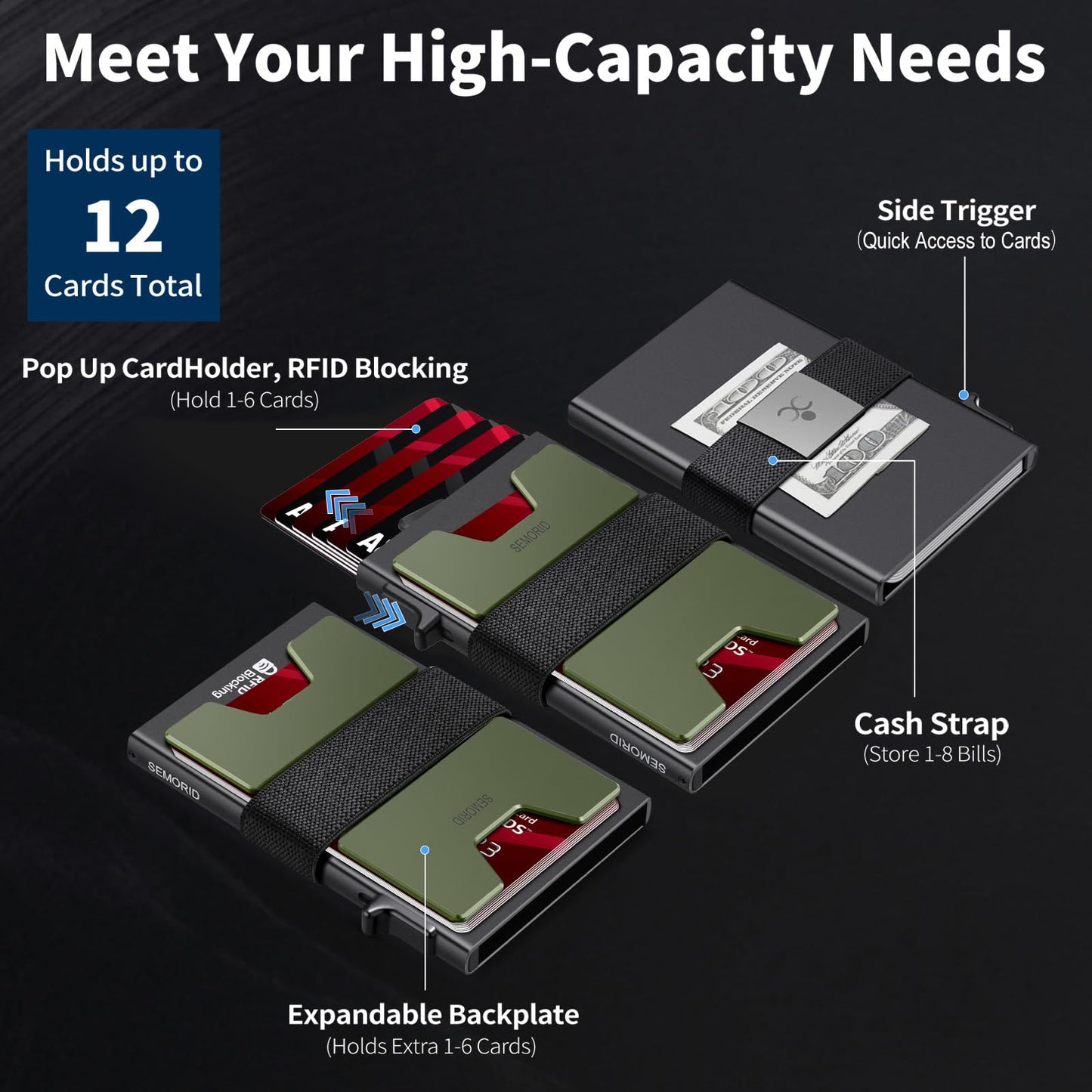 Slim Aluminum Card Holder Wallet for Men, Durable Expandable Backplate, RFID Blocking Minimalist Metal Pop Up Wallet, Holds 12+ Cards Plus Cash (Black)