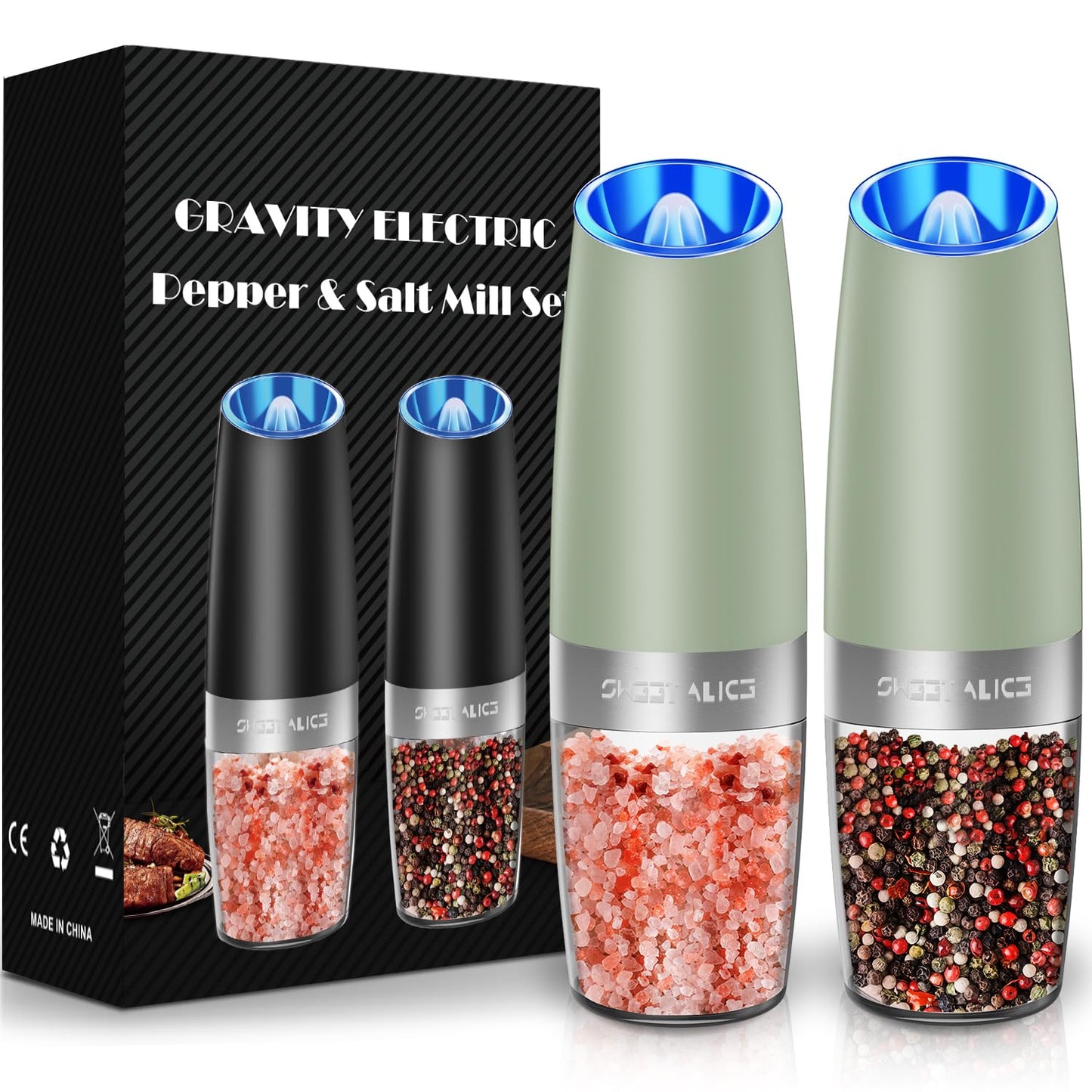 Gravity Electric Pepper and Salt Grinder Set, Salt and Pepper Mill & Adjustable Coarseness, Battery Powered with LED Light, One Hand Automatic Operation, Stainless Steel (Set/Silver)