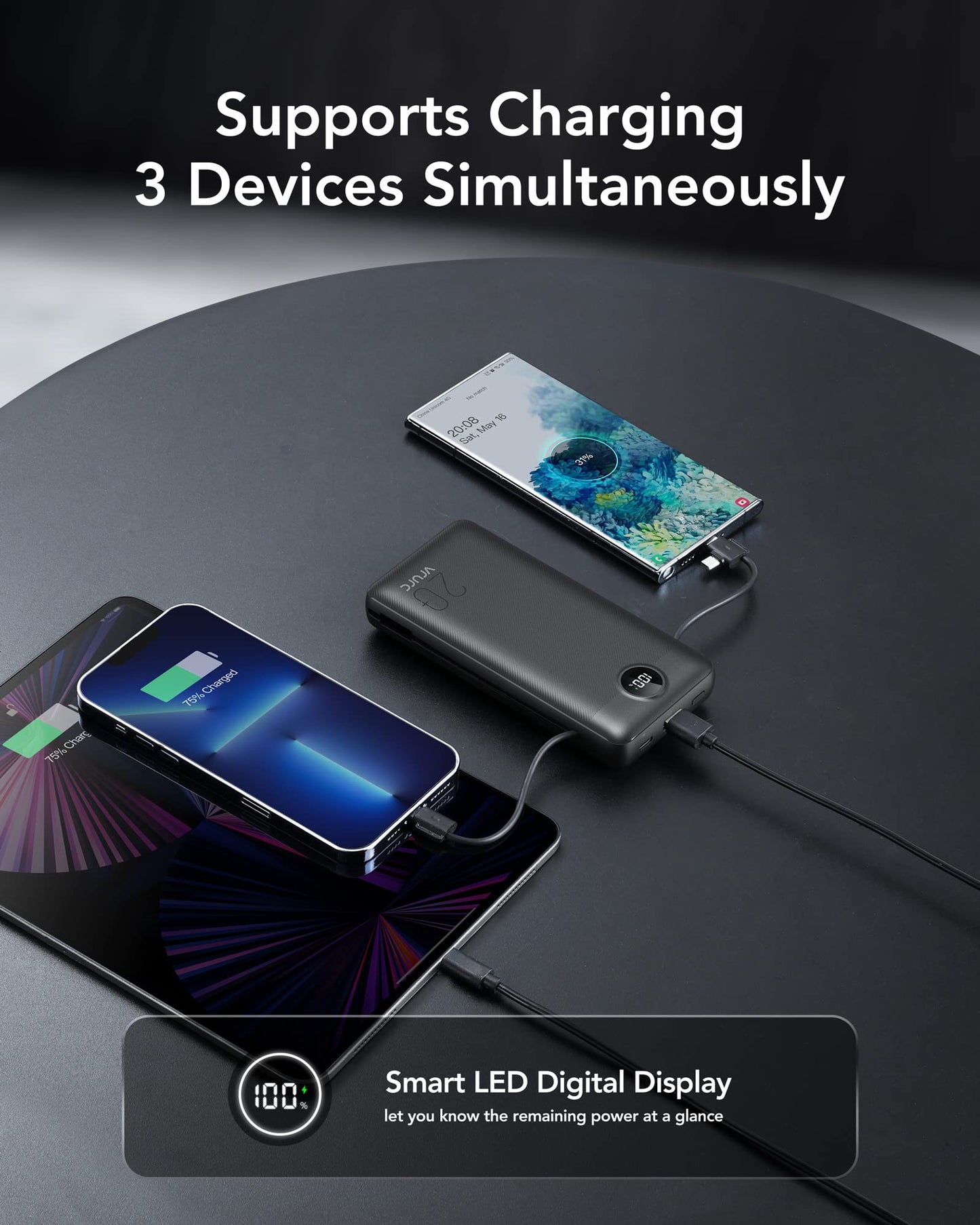 VRURC Power Bank 20000mAh, Fast Charging Portable Charger USB C,4 Output 2 Input Charging Bank Equipped with LED Display,Built-in Wall Plug and Cables,Cell Phone Replacement Battery,White