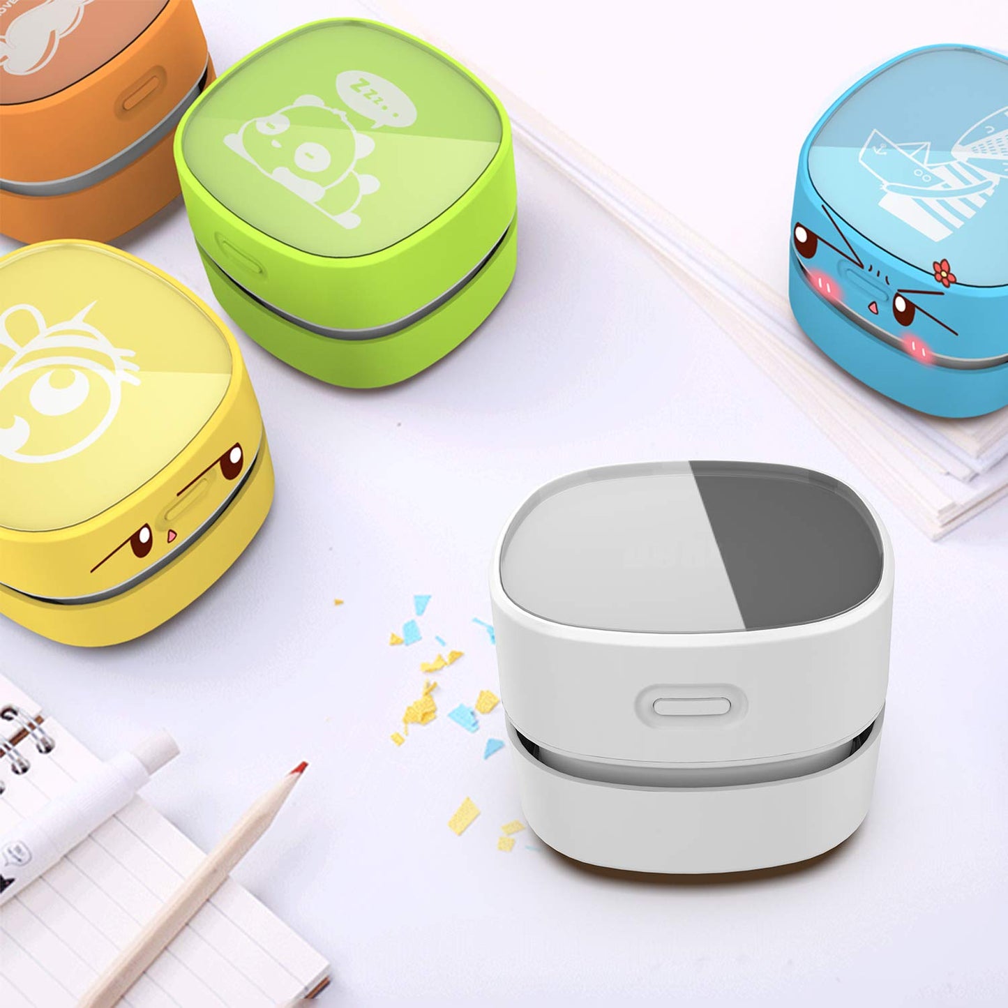 ODISTAR Desktop Vacuum Cleaner, Mini Table dust Sweeper Energy Saving,High Endurance up to 90 mins,Cordless&360º Rotatable Design for Keyboard/Home/School/Office(White AA Battery)