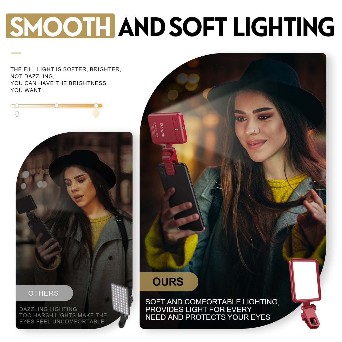 Rechargeable Soft Selfie Light for Phone, Camera, Laptop, 4-14H Battery Portable LED Light for Pictures, Phone Light Clip for Selfie, Vlog, TikTok, Makeup, Video Conference Black