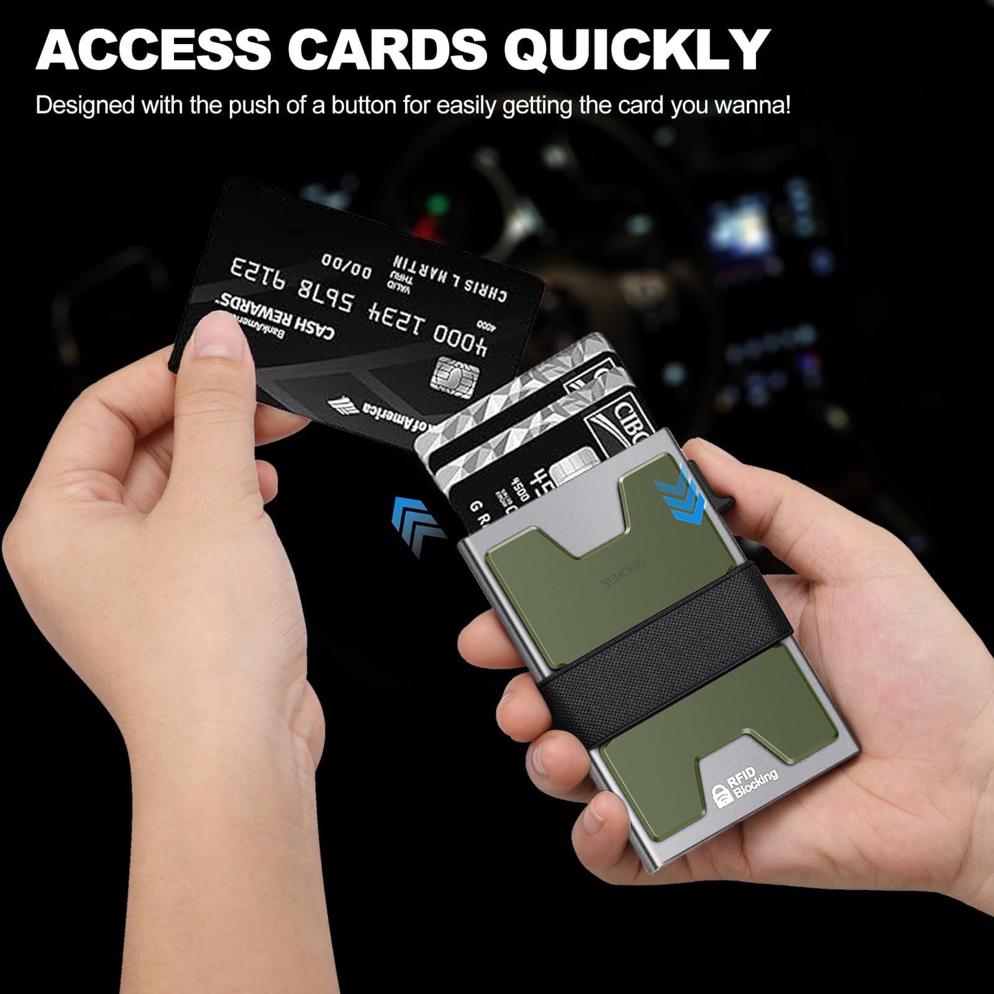 Slim Aluminum Card Holder Wallet for Men, Durable Expandable Backplate, RFID Blocking Minimalist Metal Pop Up Wallet, Holds 12+ Cards Plus Cash (Black)