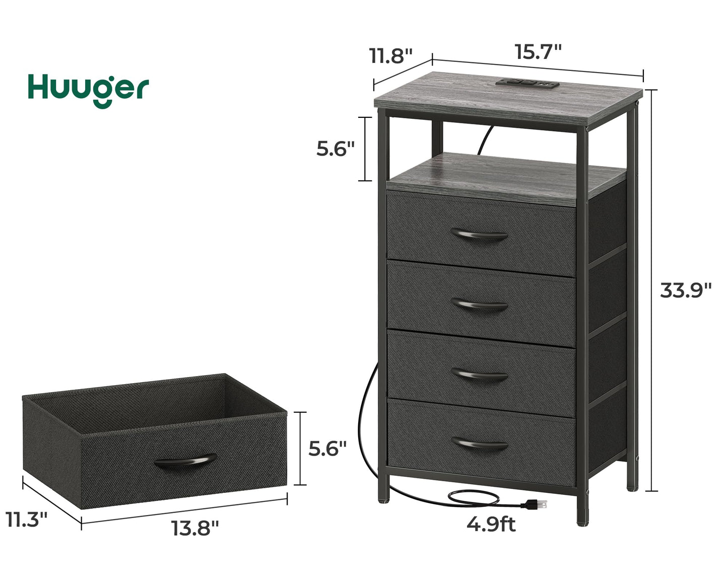 Huuger Nightstand with Charging Station, Side Table with Fabric Drawers, End Table with Open Shelf, Bedside Table with USB Ports and Outlets, Night Stand for Bedroom, Rustic Brown and Black