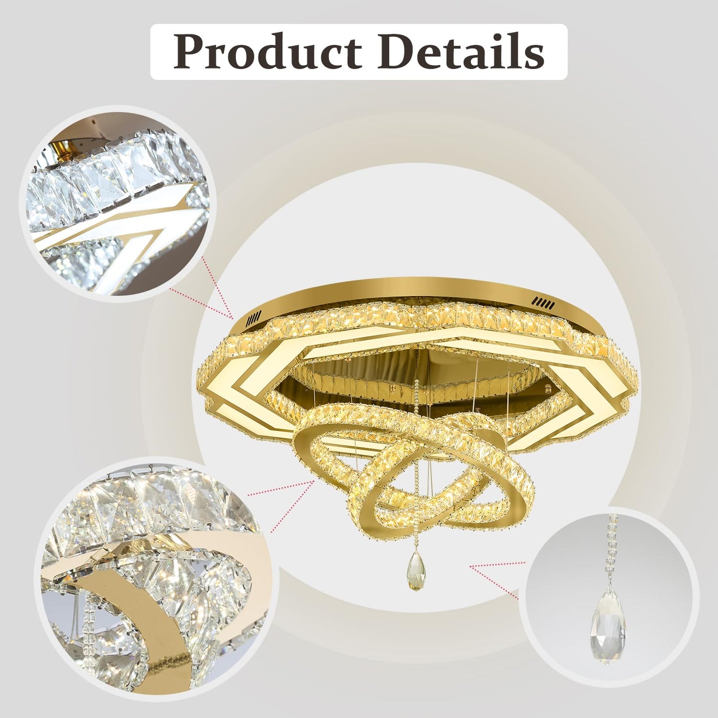 Flashing God Crystal Chandeliers Dia 32" Silver Elegant Chandelier Flush Mount Ceiling Light for Bedroom Living Room Dining Room Hallway Dimmable 3 Rings LED Celing Lighting Fixtures