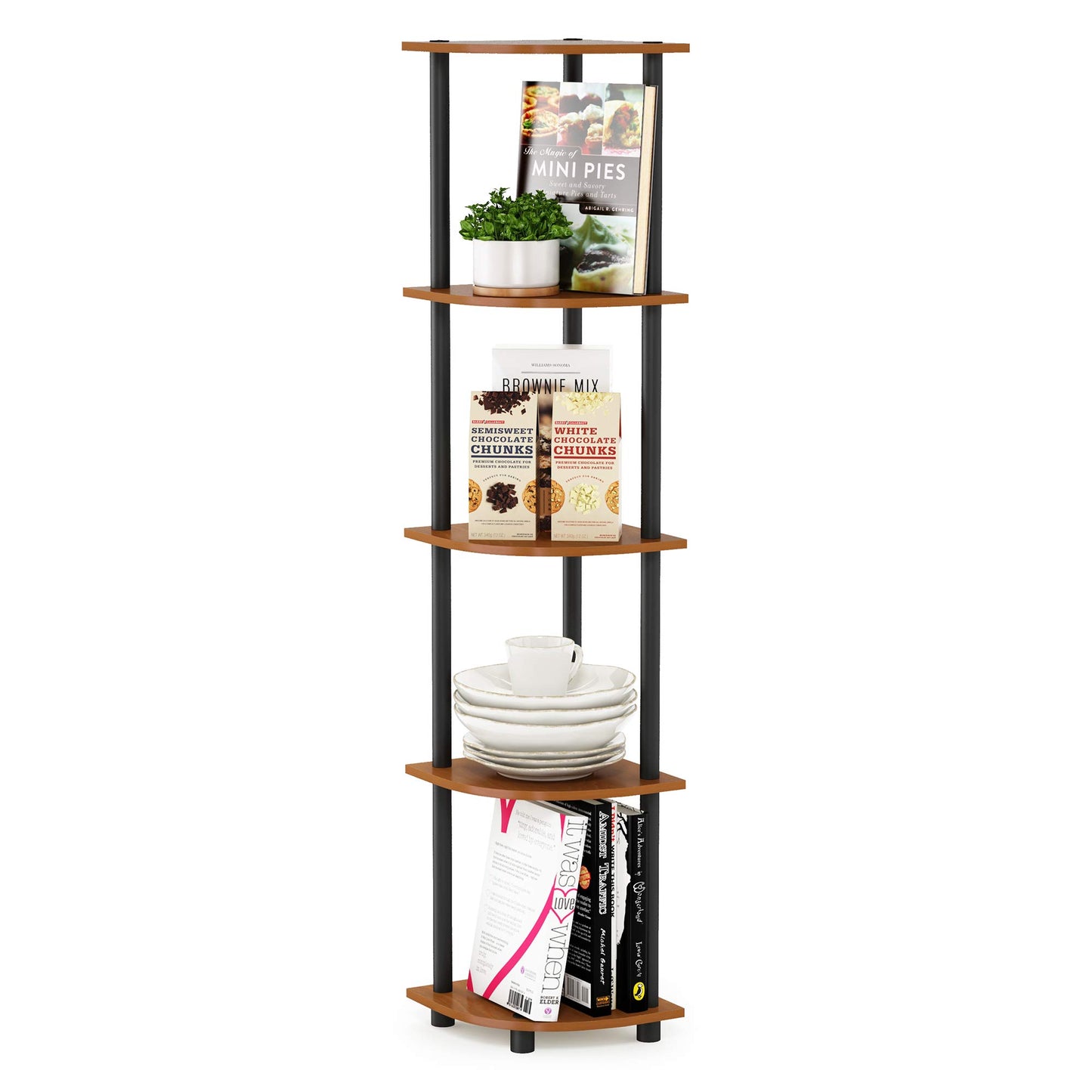 Furinno Turn-N-Tube 5 Tier Corner Display Rack Multipurpose Shelving Unit, 1-Pack, Espresso/Black