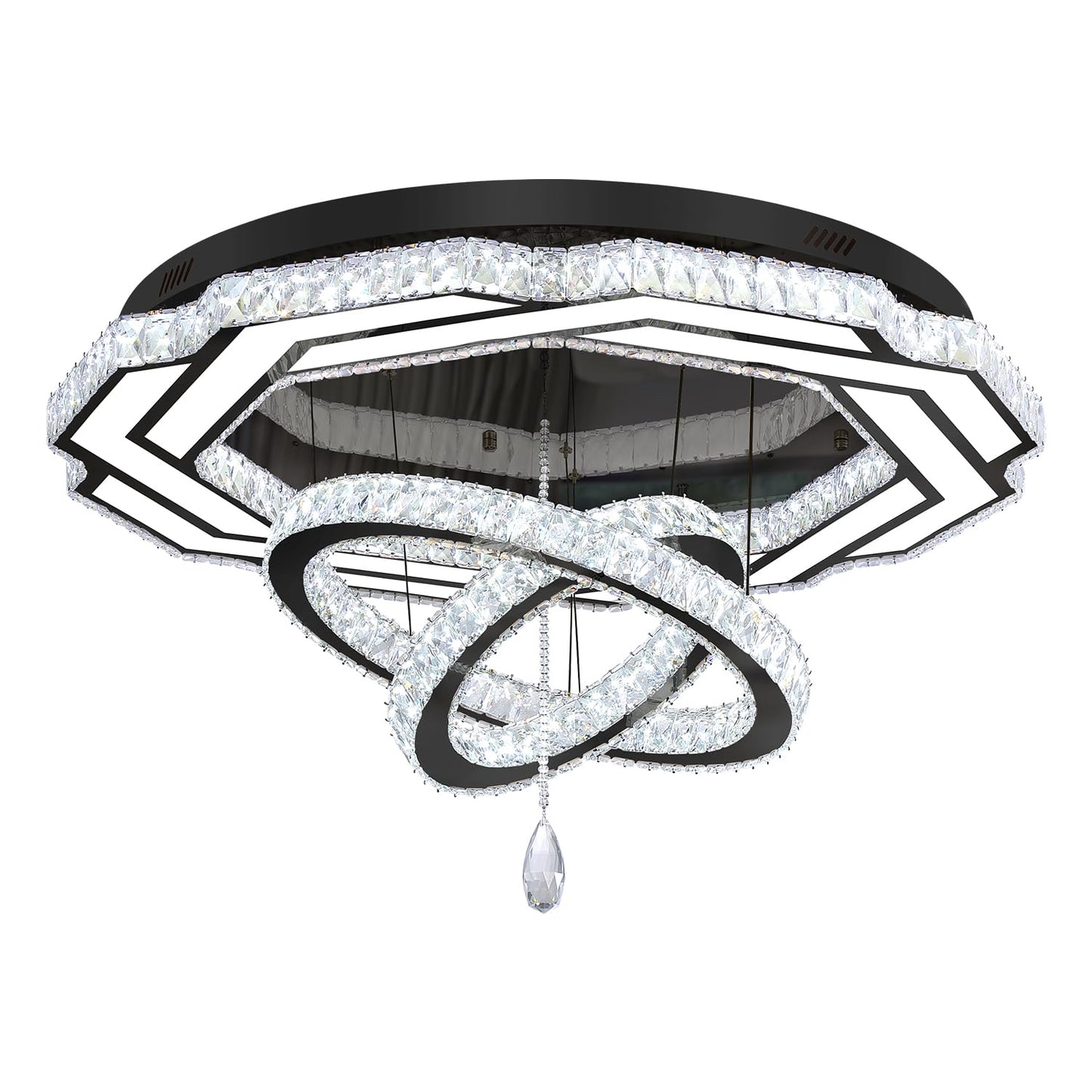 Flashing God Crystal Chandeliers Dia 32" Silver Elegant Chandelier Flush Mount Ceiling Light for Bedroom Living Room Dining Room Hallway Dimmable 3 Rings LED Celing Lighting Fixtures