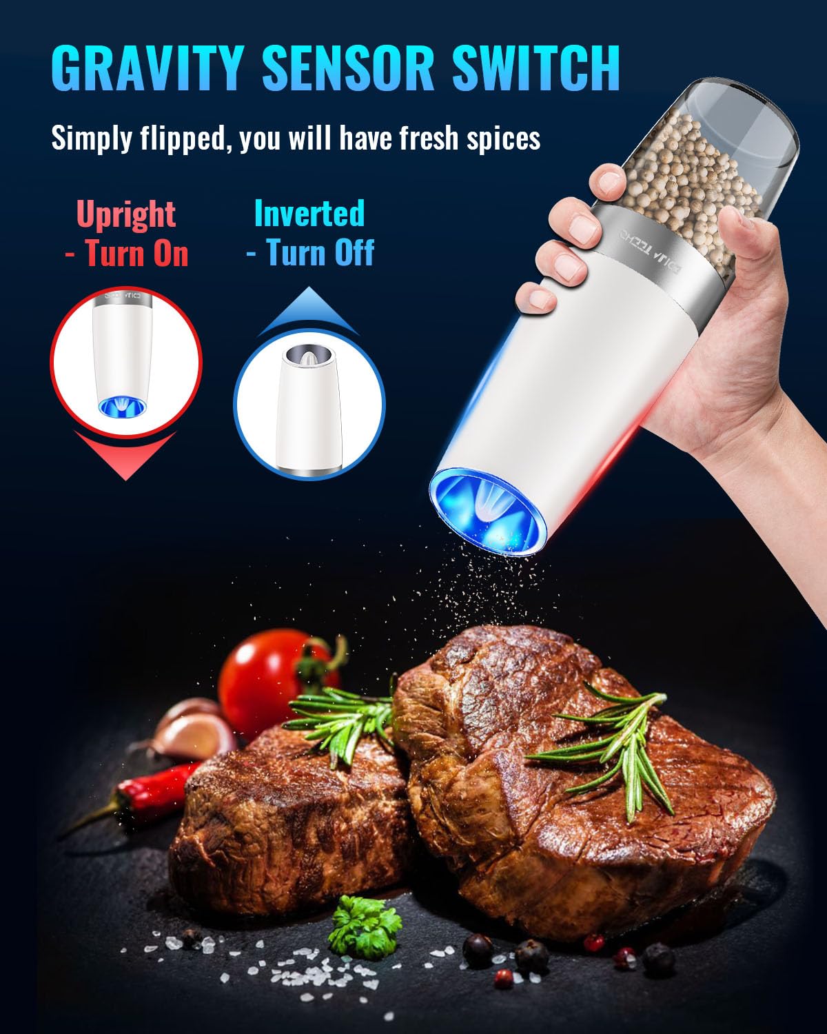 Gravity Electric Pepper and Salt Grinder Set, Salt and Pepper Mill & Adjustable Coarseness, Battery Powered with LED Light, One Hand Automatic Operation, Stainless Steel (Set/Silver)