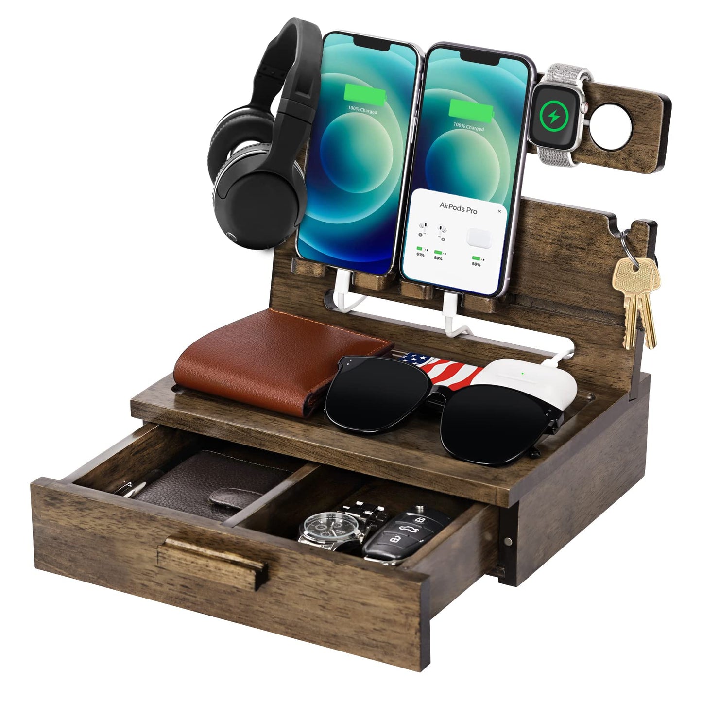 Gifts for Men Dad from Daughter Son Christmas, Wood Phone Docking Station with Drawer, Husband Birthday Gifts Him Boyfriend from Wife Anniversary Nightstand Organizer Xmas Stocking Stuffers