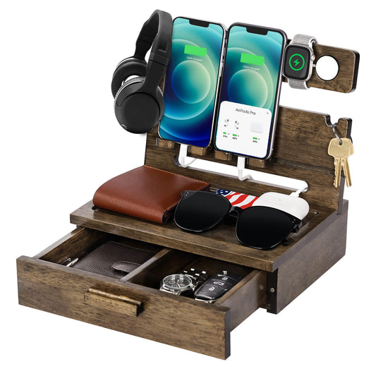 Gifts for Men Dad from Daughter Son Christmas, Wood Phone Docking Station with Drawer, Husband Birthday Gifts Him Boyfriend from Wife Anniversary Nightstand Organizer Xmas Stocking Stuffers