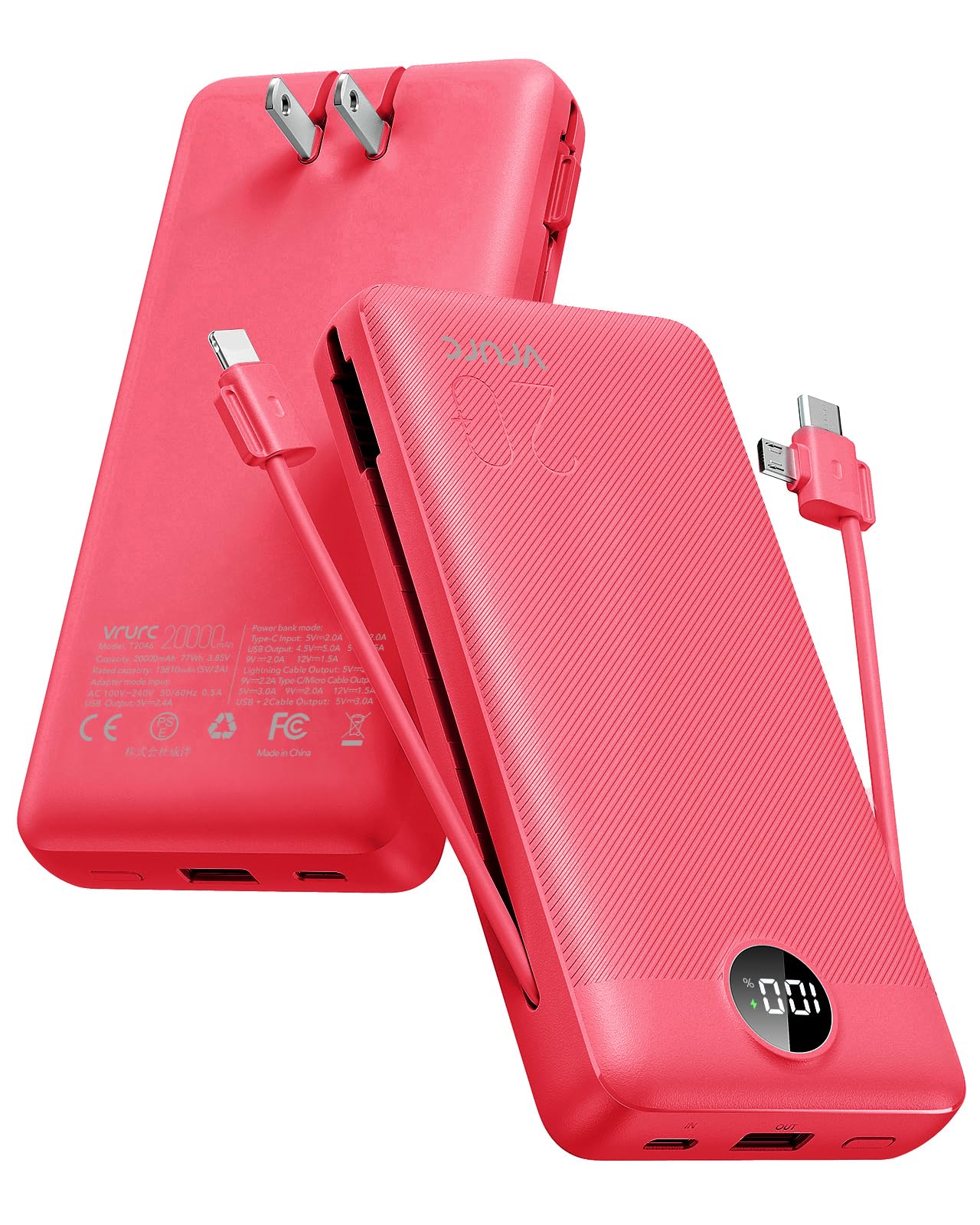 VRURC Power Bank 20000mAh, Fast Charging Portable Charger USB C,4 Output 2 Input Charging Bank Equipped with LED Display,Built-in Wall Plug and Cables,Cell Phone Replacement Battery,White