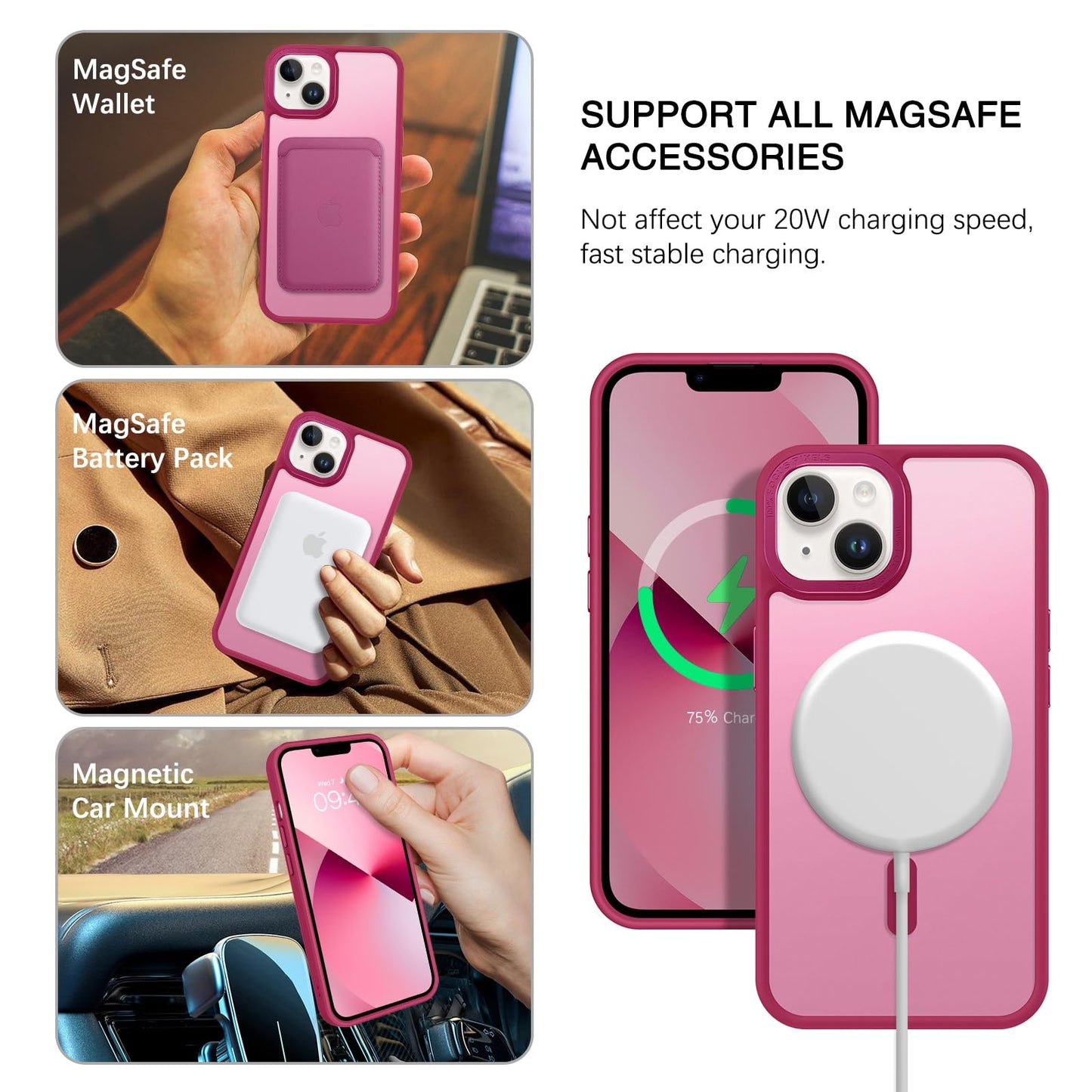 BENTOBEN Magnetic for iPhone 13 Case & iPhone 14 Case [Compatible with Magsafe] Translucent Matte Phone Case iPhone 13/14 Slim Fit Shockproof Women Men Protective Cover for iPhone 13/14 6.1", Hot Pink