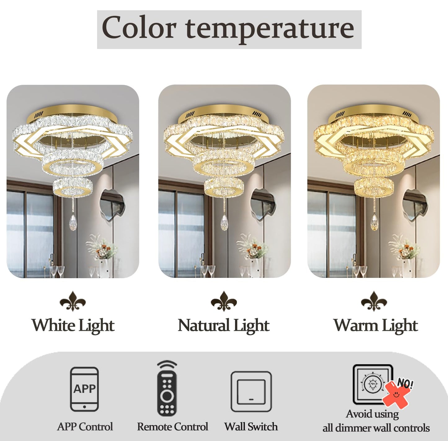 Flashing God Crystal Chandeliers Dia 32" Silver Elegant Chandelier Flush Mount Ceiling Light for Bedroom Living Room Dining Room Hallway Dimmable 3 Rings LED Celing Lighting Fixtures