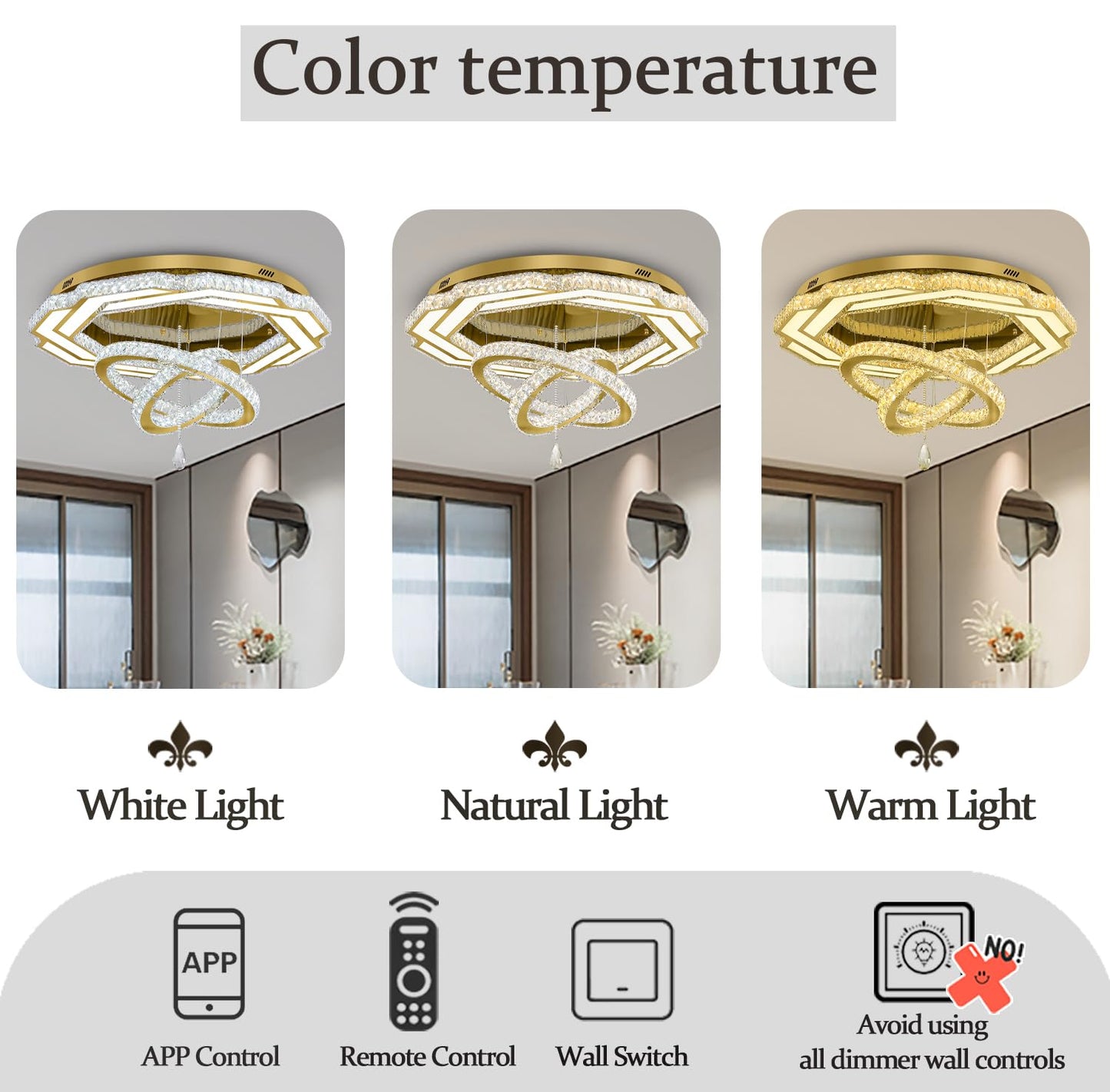 Flashing God Crystal Chandeliers Dia 32" Silver Elegant Chandelier Flush Mount Ceiling Light for Bedroom Living Room Dining Room Hallway Dimmable 3 Rings LED Celing Lighting Fixtures