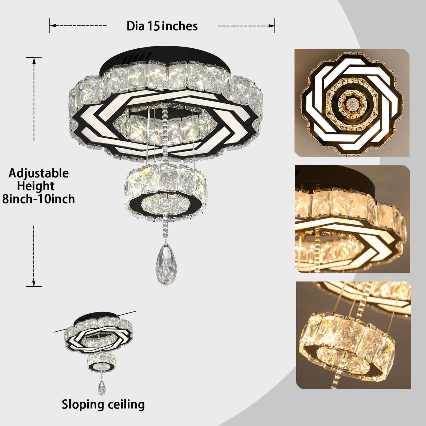 Flashing God Crystal Chandeliers Dia 32" Silver Elegant Chandelier Flush Mount Ceiling Light for Bedroom Living Room Dining Room Hallway Dimmable 3 Rings LED Celing Lighting Fixtures