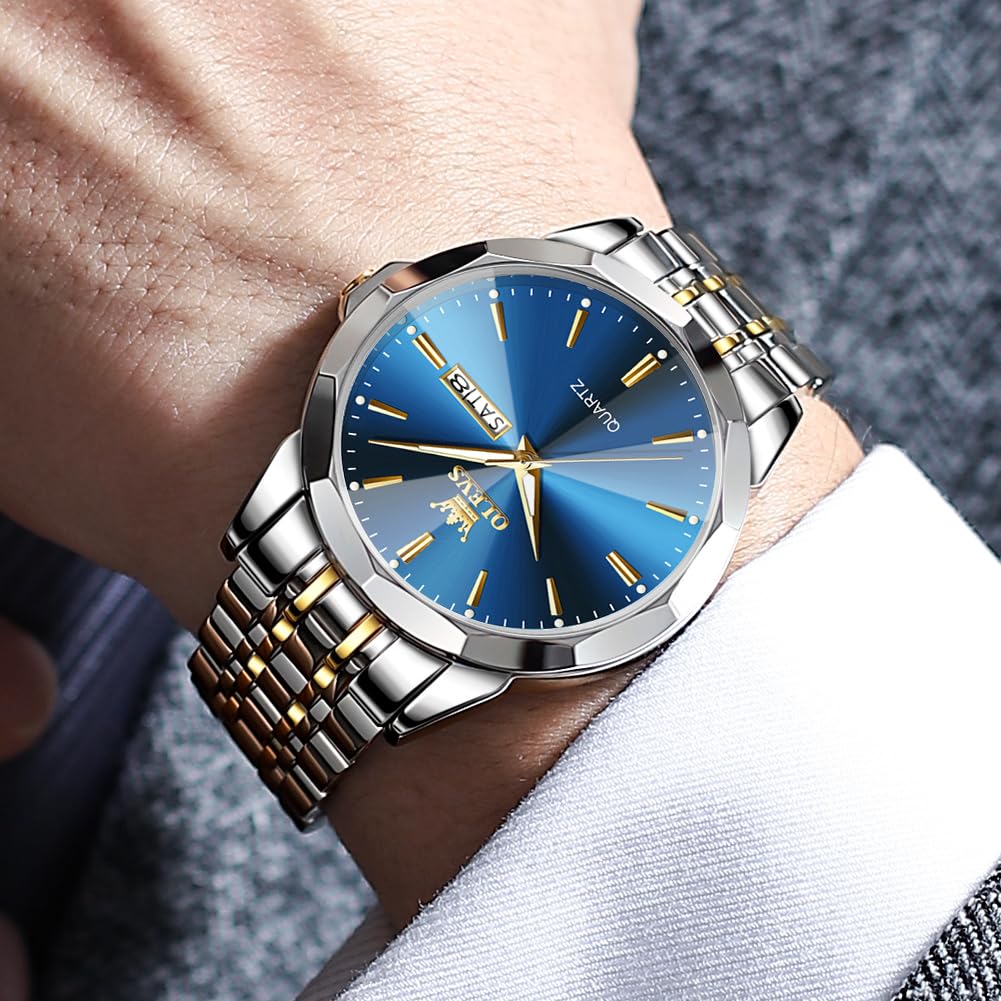 OLEVS Watch for Men Diamond Business Dress Analog Quartz Stainless Steel Waterproof Luminous Date Two Tone Luxury Casual Wrist Watch