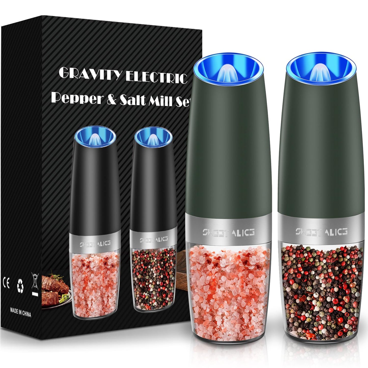 Gravity Electric Pepper and Salt Grinder Set, Salt and Pepper Mill & Adjustable Coarseness, Battery Powered with LED Light, One Hand Automatic Operation, Stainless Steel (Set/Silver)