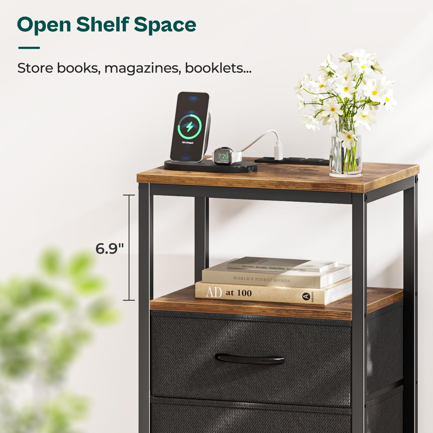 Huuger Nightstand with Charging Station, Side Table with Fabric Drawers, End Table with Open Shelf, Bedside Table with USB Ports and Outlets, Night Stand for Bedroom, Rustic Brown and Black