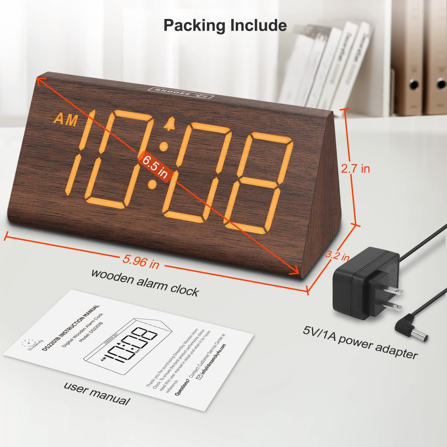 DreamSky Wooden Digital Alarm Clocks for Bedrooms - Electric Desk Clock with Large Numbers, USB Port, Loud Alarm for Heavy Sleepers, Adjustable Volume, Dimmer, Snooze, DST, 12/24H, Wood Décor (Brown)