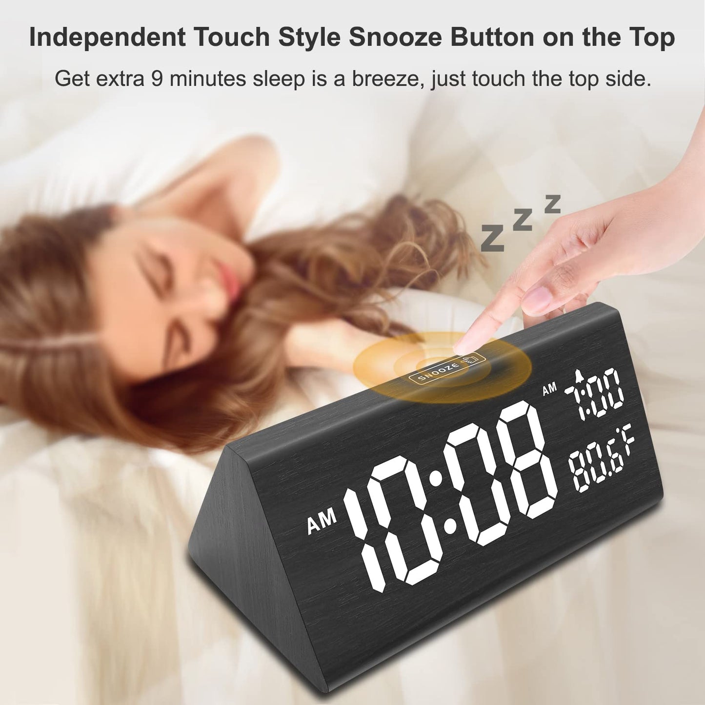 DreamSky Digital Alarm Clocks for Bedrooms - Wooden Desk Clock with Date, Day of Week, USB Port, Temperature, Dimmer for Bedside Table, Living Room, Office, Adjustable Volume, Auto DST, Wood Decor