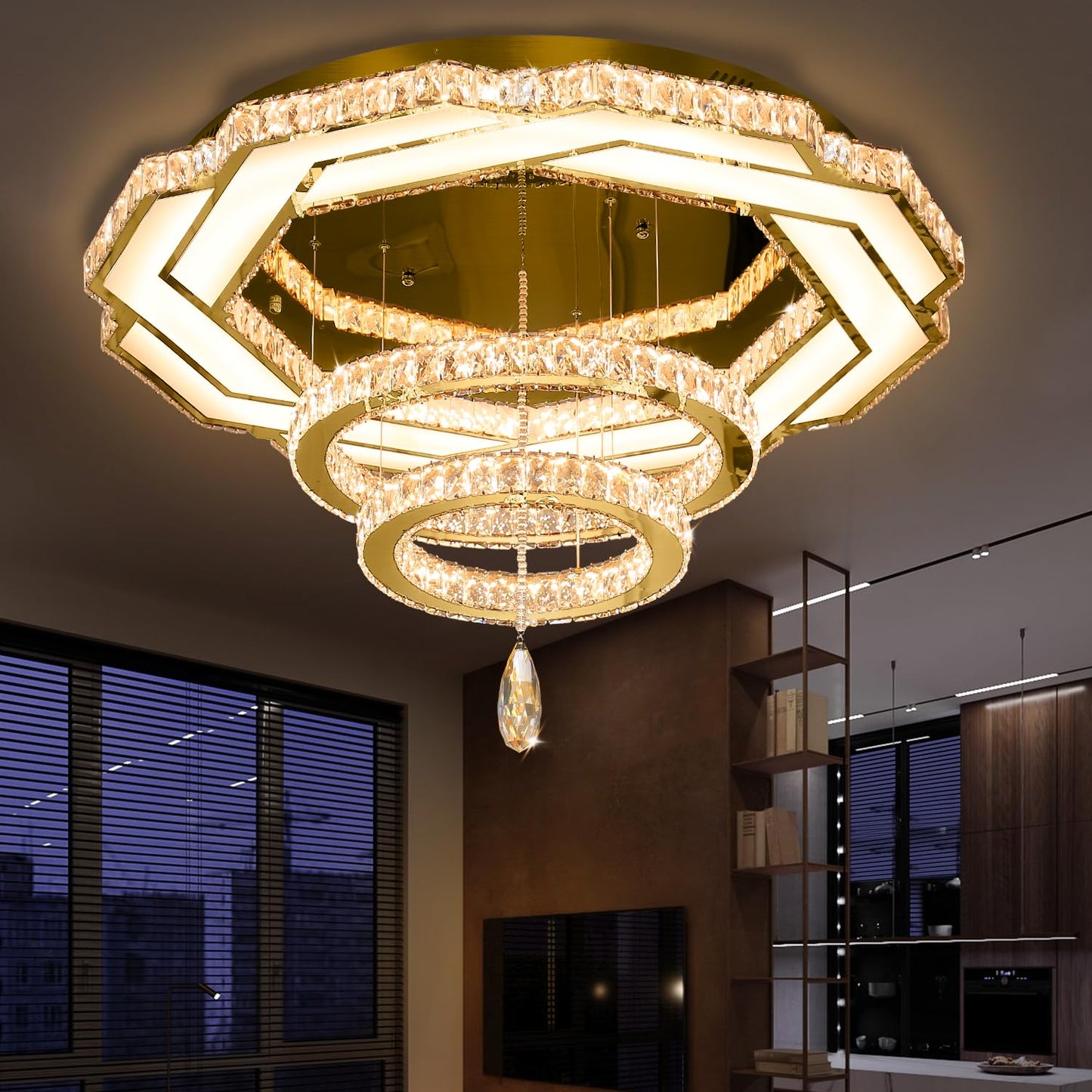Flashing God Crystal Chandeliers Dia 32" Silver Elegant Chandelier Flush Mount Ceiling Light for Bedroom Living Room Dining Room Hallway Dimmable 3 Rings LED Celing Lighting Fixtures