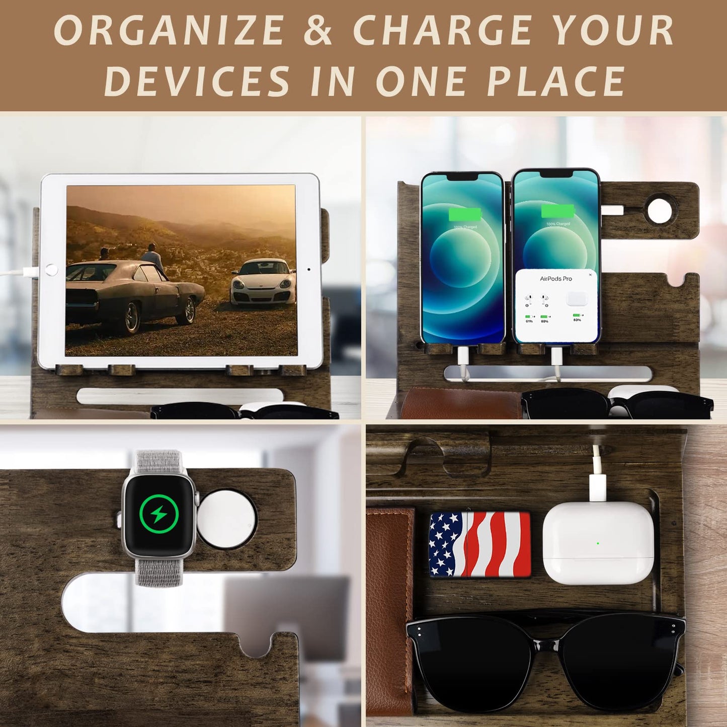 Gifts for Men Dad from Daughter Son Christmas, Wood Phone Docking Station with Drawer, Husband Birthday Gifts Him Boyfriend from Wife Anniversary Nightstand Organizer Xmas Stocking Stuffers