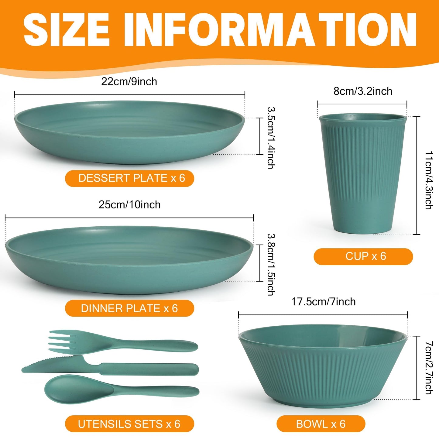 42 Pieces Wheat Straw Dinnerware Set - OAMCEG Plastic Dinner Set for 6, Kitchen Plates and Bowls Set, College Dorm Microwave Dishes, Unbreakable Plastic Outdoor Camping Dishes, Black
