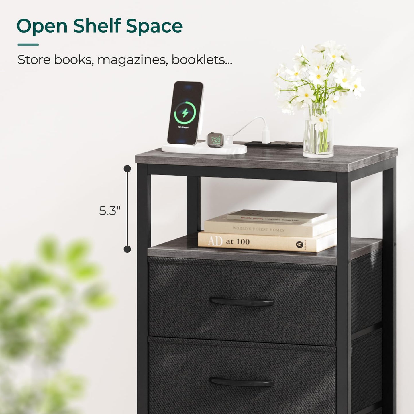 Huuger Nightstand with Charging Station, Side Table with Fabric Drawers, End Table with Open Shelf, Bedside Table with USB Ports and Outlets, Night Stand for Bedroom, Rustic Brown and Black