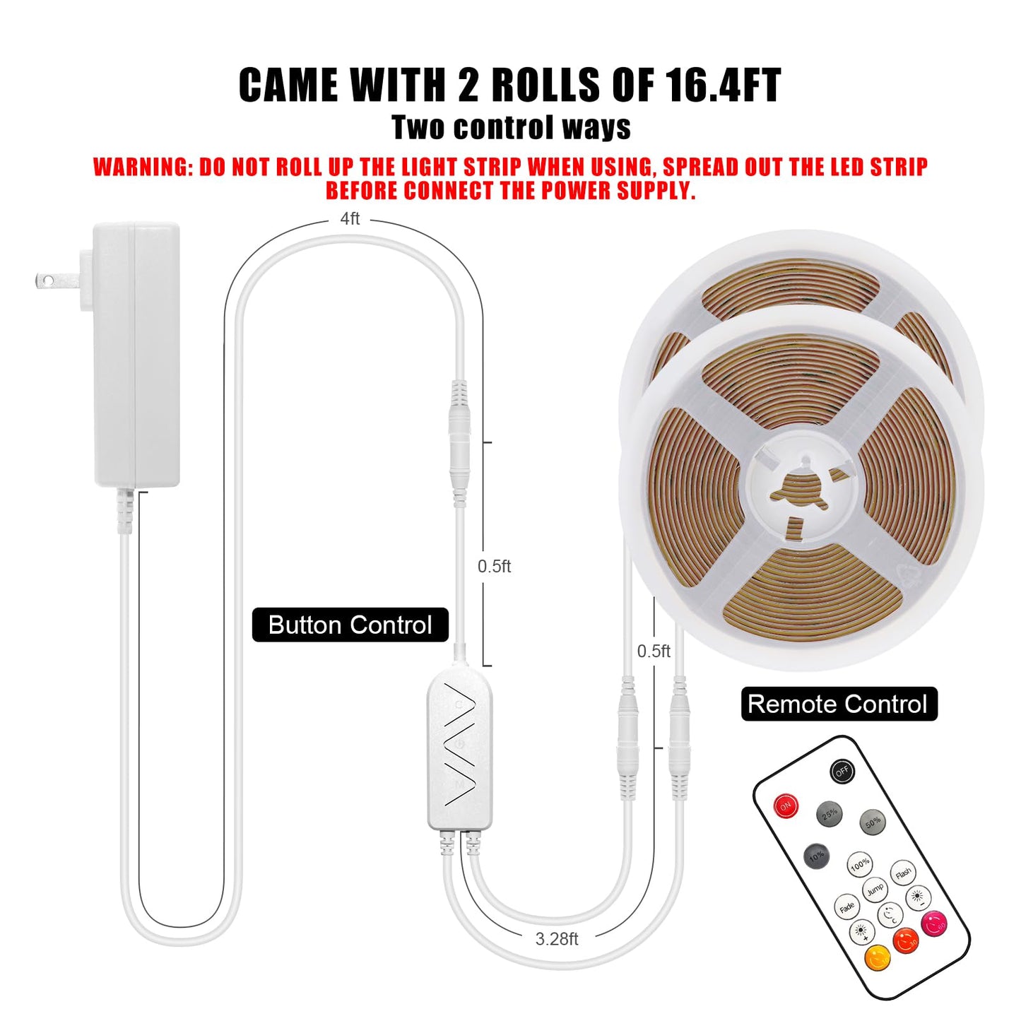 White COB Led Strip Lights Max with RF Remote, 16.4ft 3000K Dimmable Ultra Bright Warm White COB Light Strip, Adhesive Indoor COB Led Lights for Living Room, Shelf, Cabinet