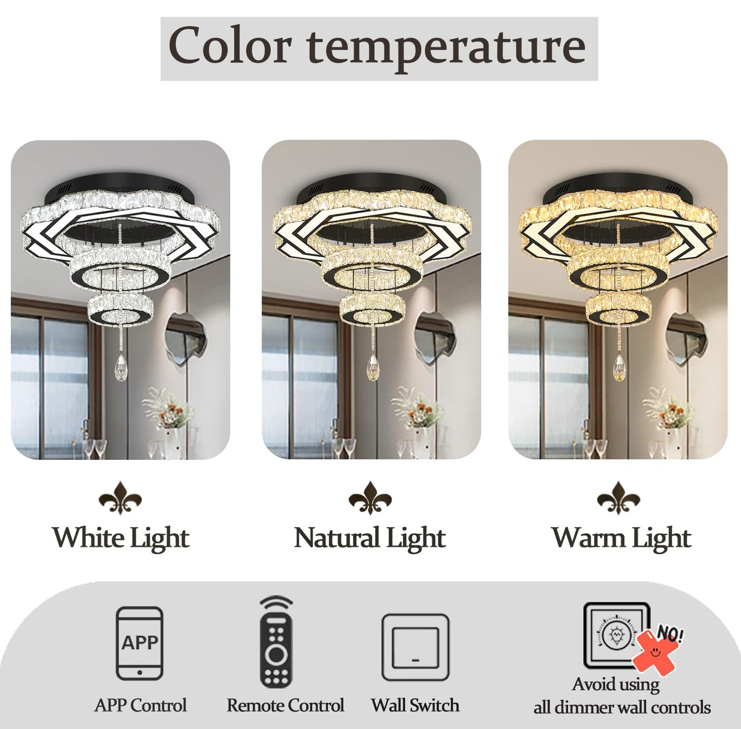 Flashing God Crystal Chandeliers Dia 32" Silver Elegant Chandelier Flush Mount Ceiling Light for Bedroom Living Room Dining Room Hallway Dimmable 3 Rings LED Celing Lighting Fixtures