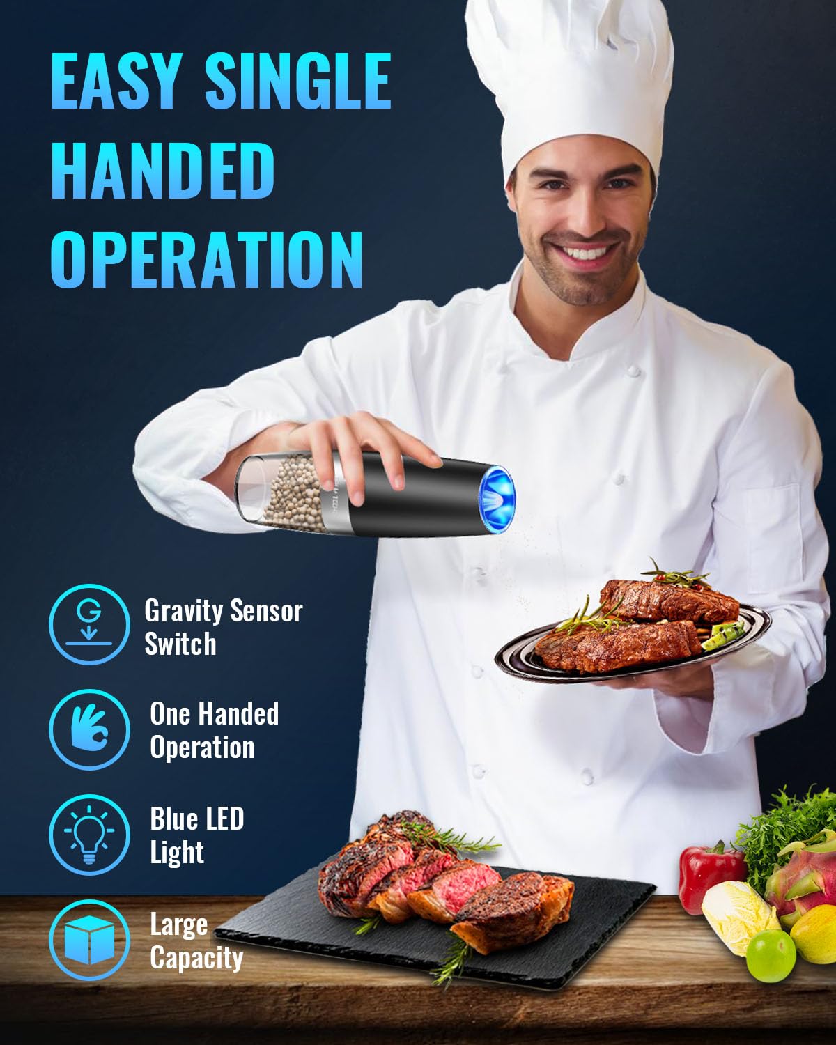 Gravity Electric Pepper and Salt Grinder Set, Salt and Pepper Mill & Adjustable Coarseness, Battery Powered with LED Light, One Hand Automatic Operation, Stainless Steel (Set/Silver)