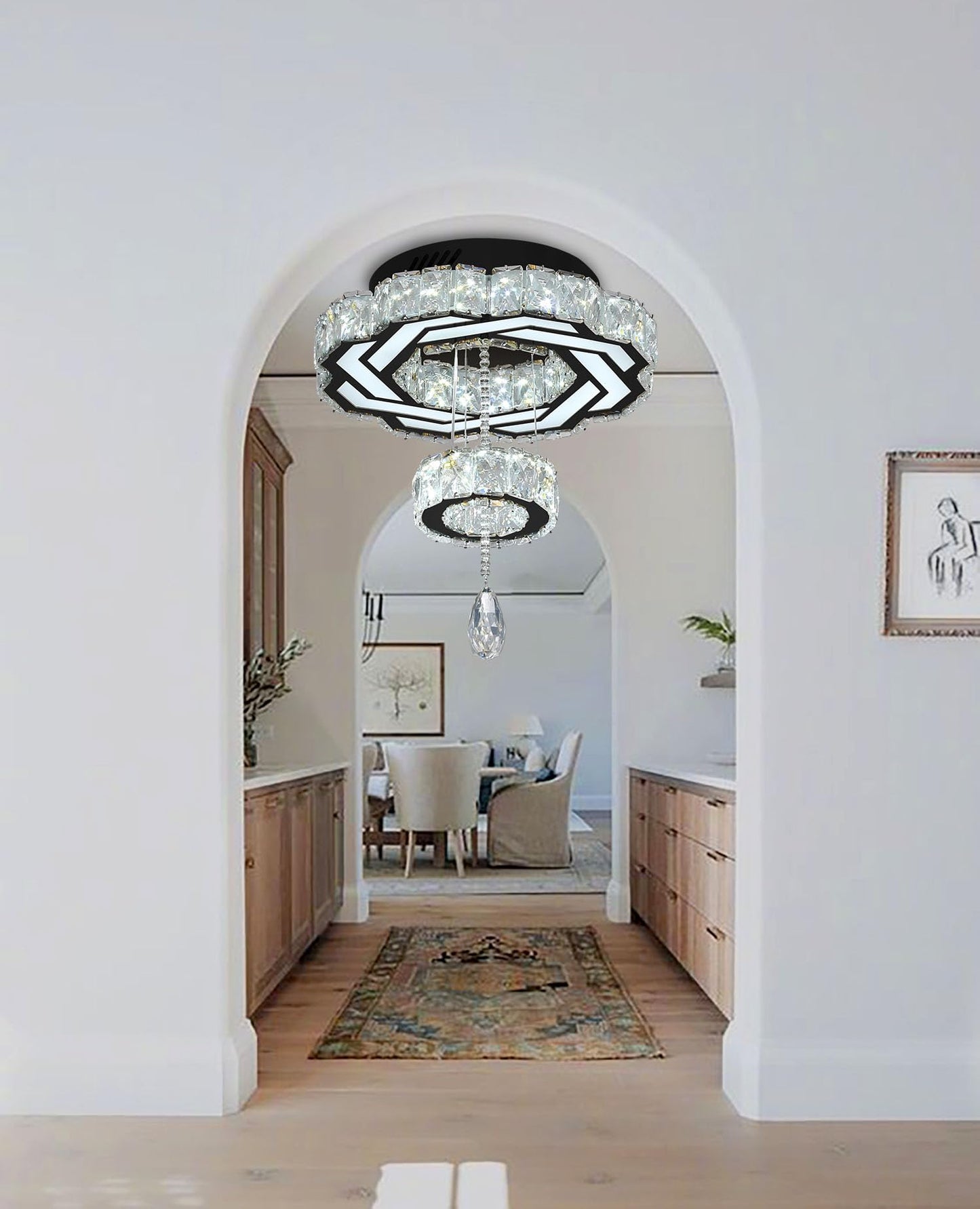 Flashing God Crystal Chandeliers Dia 32" Silver Elegant Chandelier Flush Mount Ceiling Light for Bedroom Living Room Dining Room Hallway Dimmable 3 Rings LED Celing Lighting Fixtures