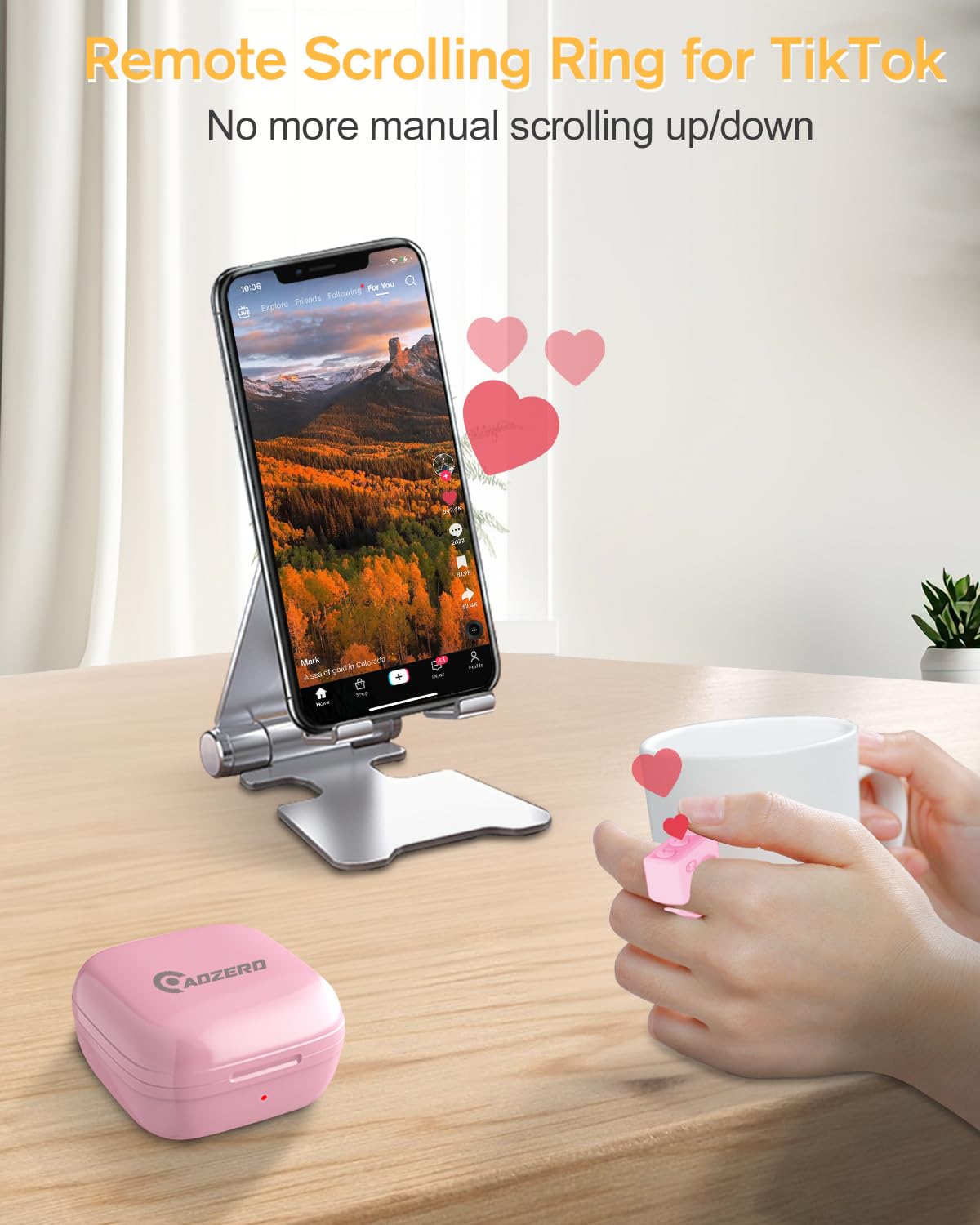 Remote Control for TikTok, Page Turner for Kindle App, Bluetooth Camera Video Recording Remote, Scrolling Ring for TIK Tok, iPhone, iPad, iOS, Android - Pink