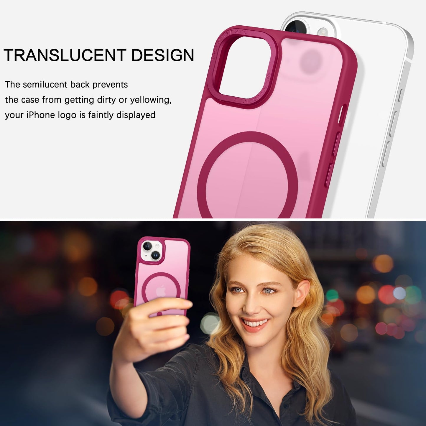 BENTOBEN Magnetic for iPhone 13 Case & iPhone 14 Case [Compatible with Magsafe] Translucent Matte Phone Case iPhone 13/14 Slim Fit Shockproof Women Men Protective Cover for iPhone 13/14 6.1", Hot Pink