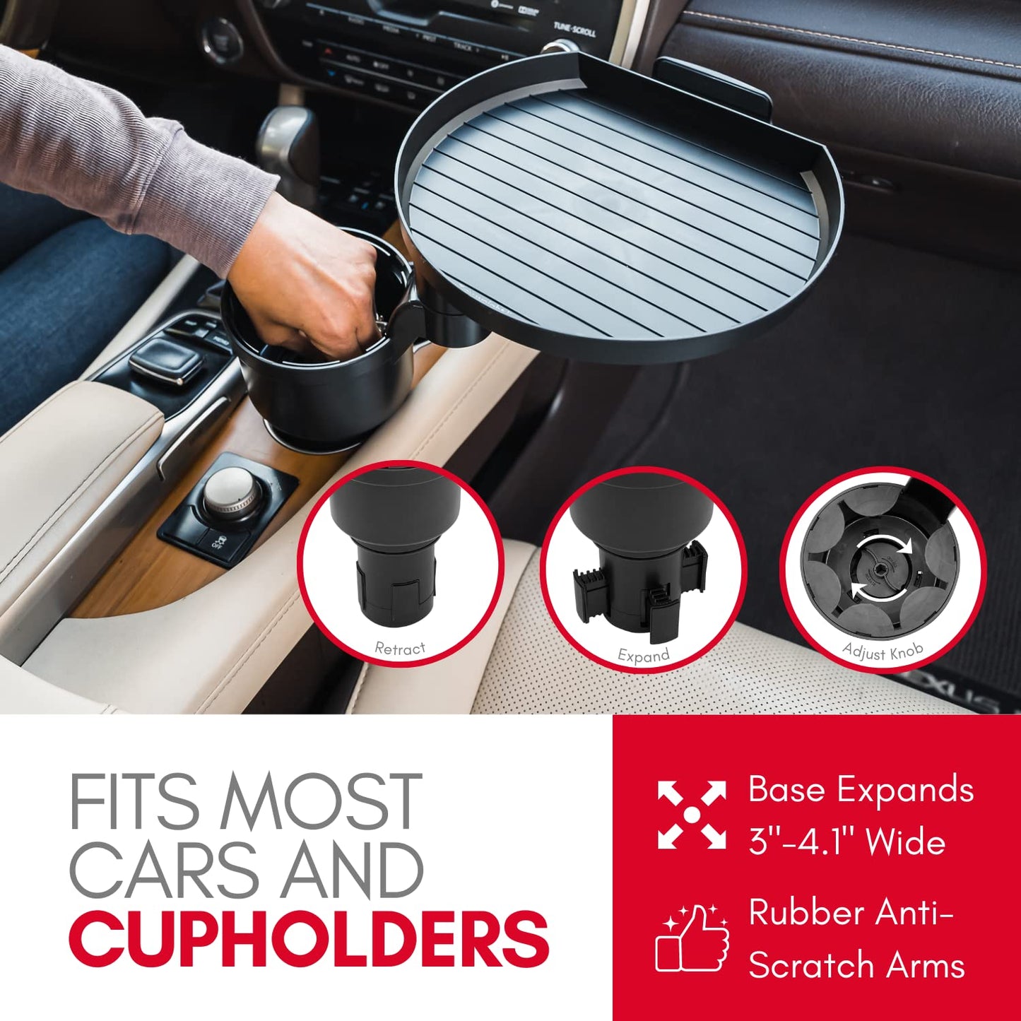 Macally Cup Holder Tray for Car - Adjustable Car Tray Table - Perfect Car Food Tray for Eating with Phone Slot and Swivel Arm - Car Organizer