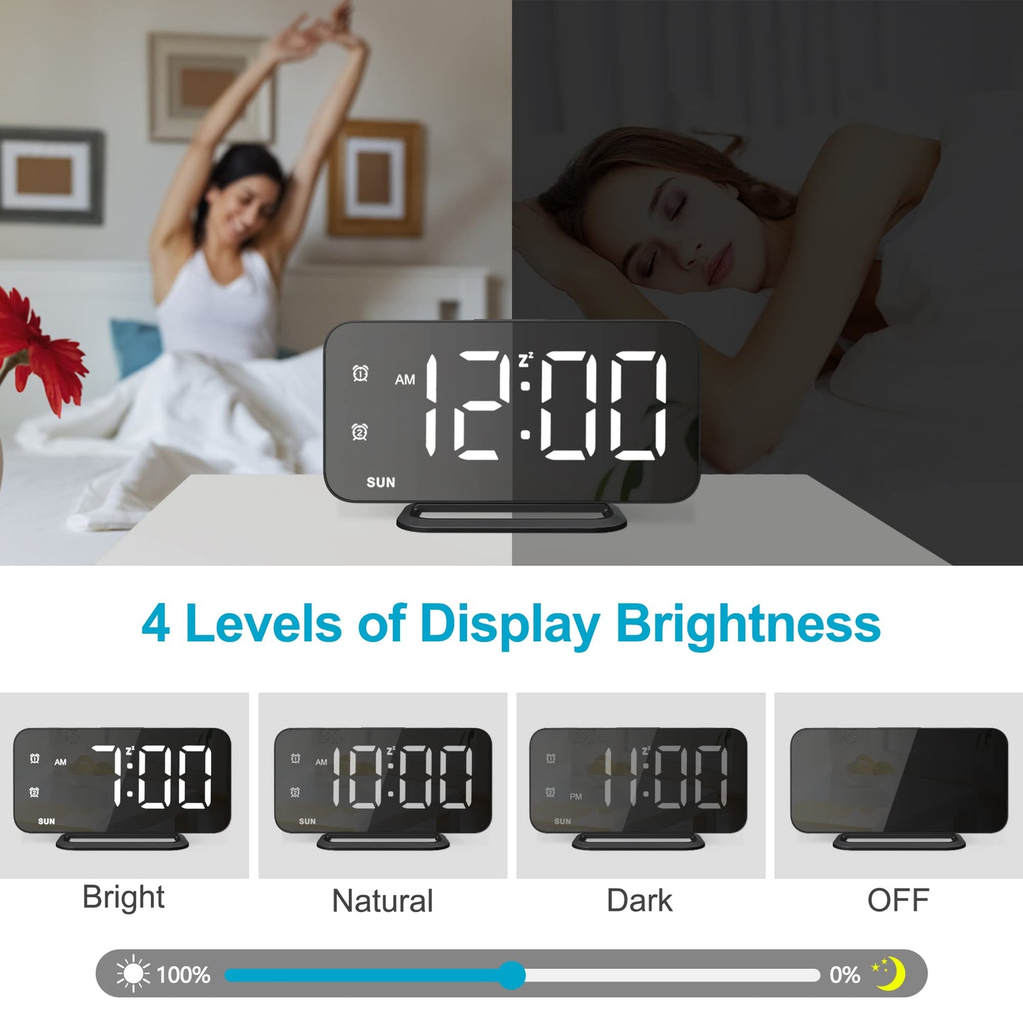 Slim LED Digital Alarm Clock, Mirror Surface for Makeup, with Diming, Large Display, Easy Setting, USB Ports, Modern Decor for Bedroom, Desk, Xmas, Birthday Gift for Women, Sister, Teen Girl, Silver