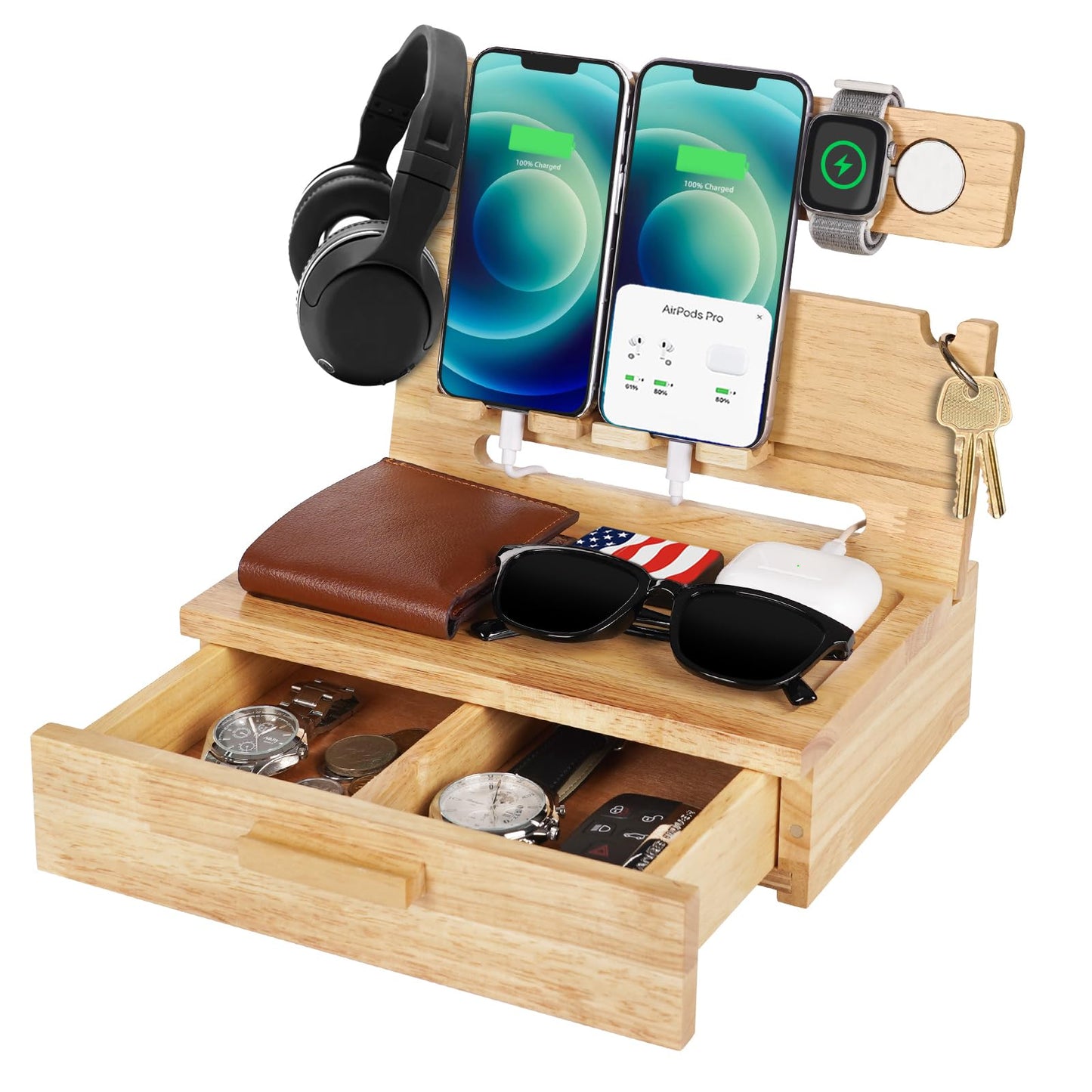 Gifts for Men Dad from Daughter Son Christmas, Wood Phone Docking Station with Drawer, Husband Birthday Gifts Him Boyfriend from Wife Anniversary Nightstand Organizer Xmas Stocking Stuffers